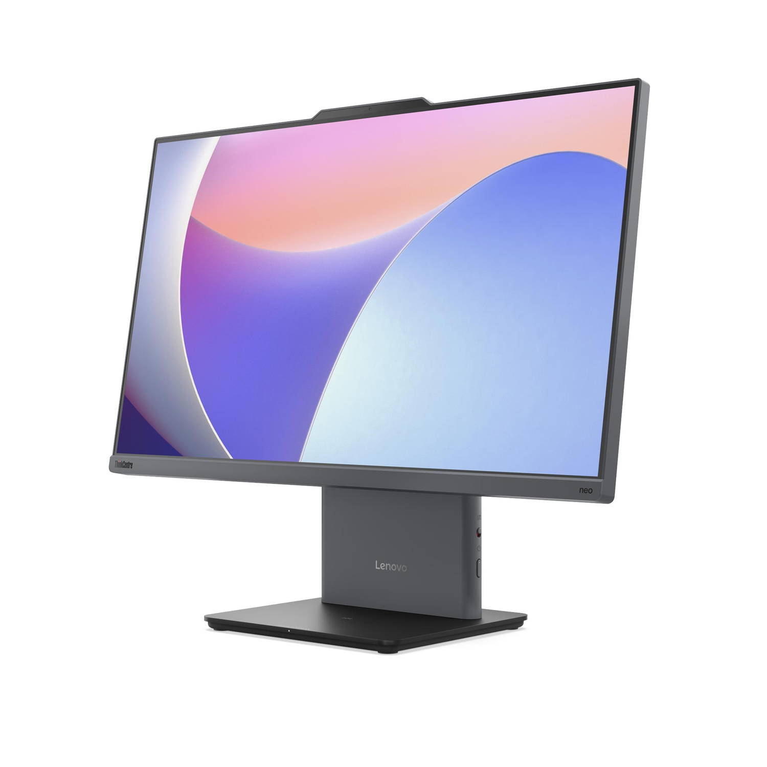 Gri Lenovo monitör, ekranda renkli soyut arka planı ve tabanıyla.