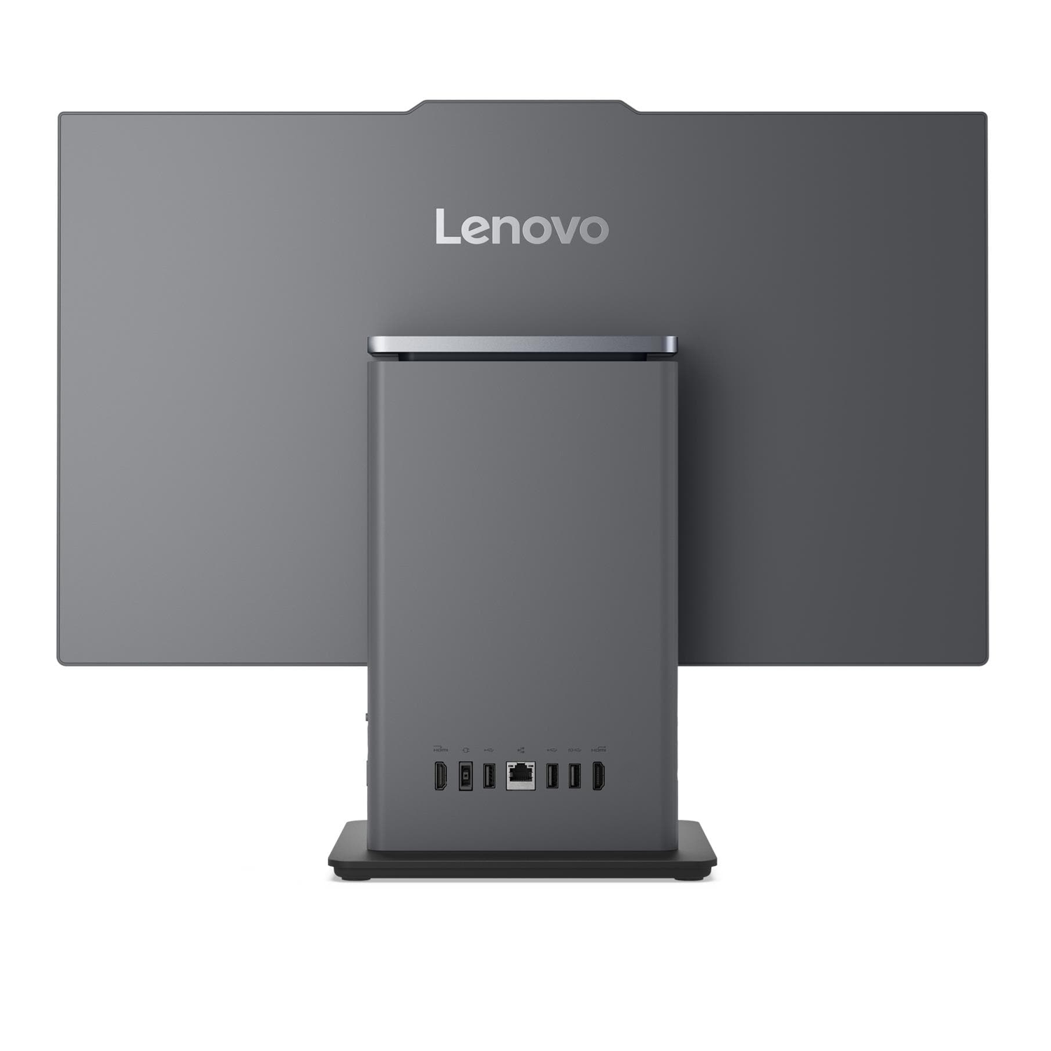 Gri Lenovo All-in-One bilgisayarın arkası, bağlantı noktaları görünüyor.