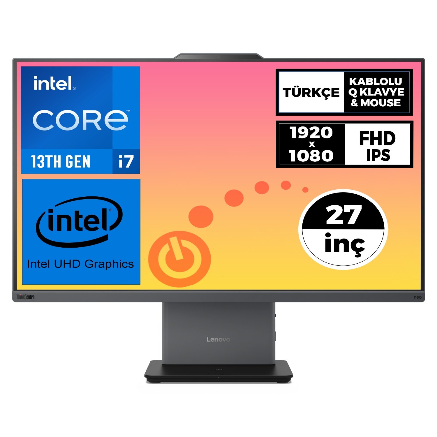 Lenovo monitör: Intel Core i7 13. Nesil, 27 inç, FHD IPS, Türkçe klavye/fare.