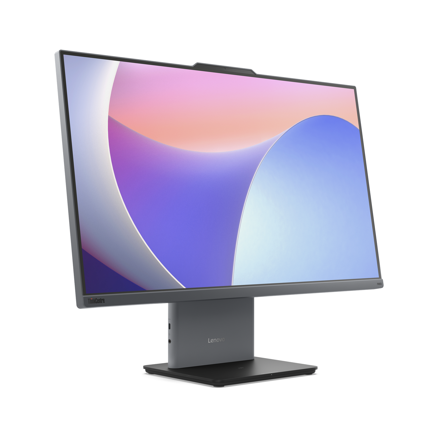 Renkli ekranlı modern gri monitör siyah bir standın üzerinde duruyor.