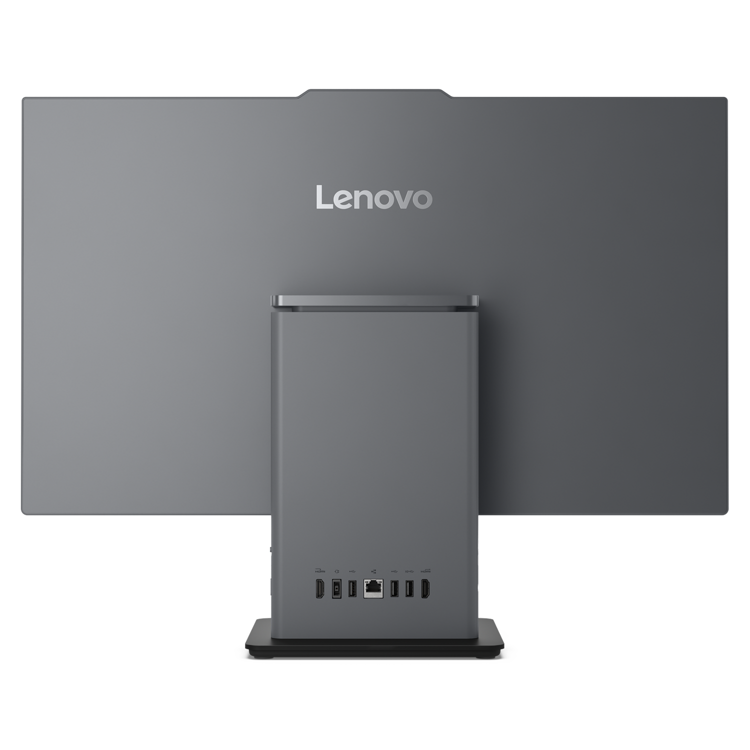 Gri Lenovo Hepsi Bir Arada bilgisayarın arkası, tabanında bağlantı noktaları var.