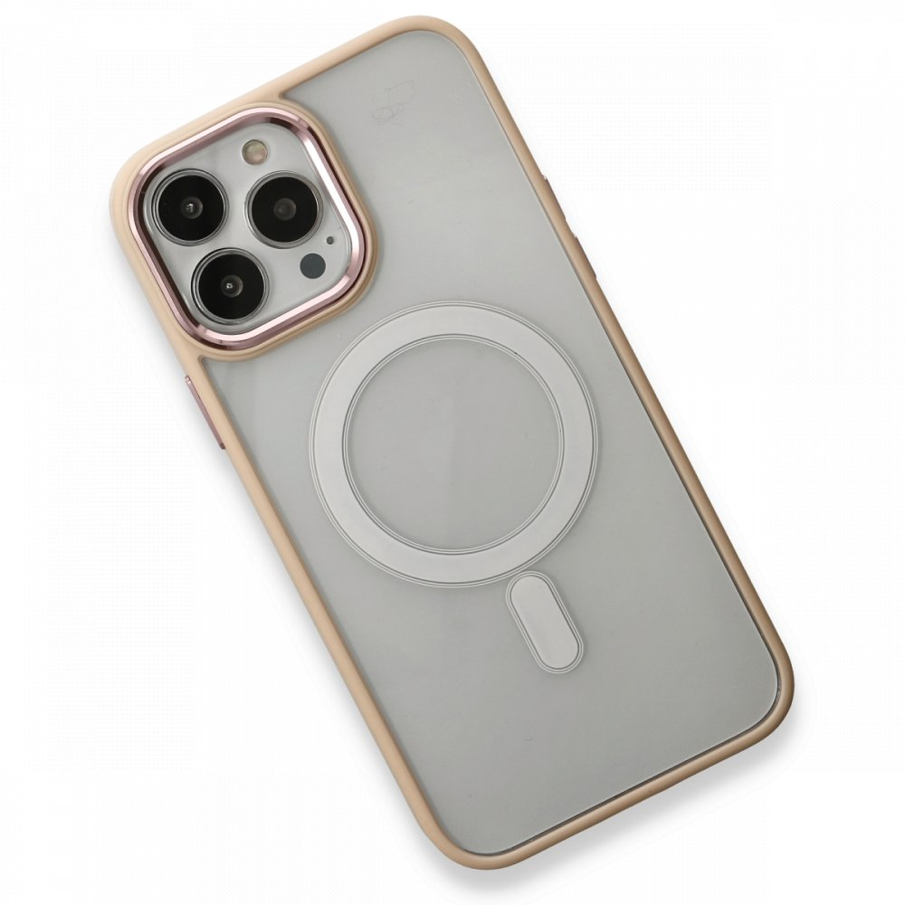 Rose gold çerçeveli ve MagSafe halkalı şeffaf telefon kılıfı.