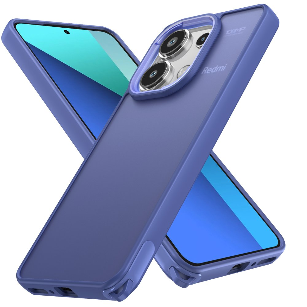 Beyaz arka plan üzerinde üç kamerası ve Redmi logosu bulunan mor telefon kılıfı.