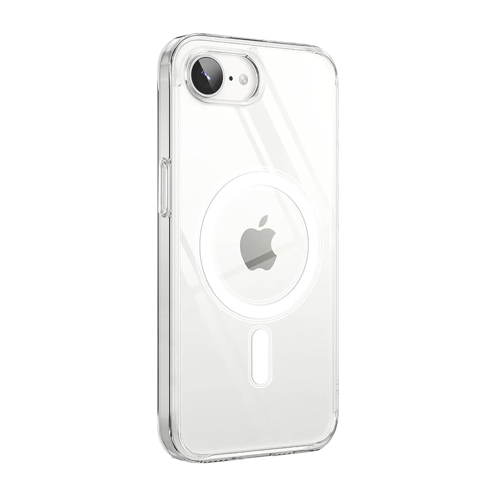 Apple logosu ve MagSafe halkası olan şeffaf iPhone kılıfı.