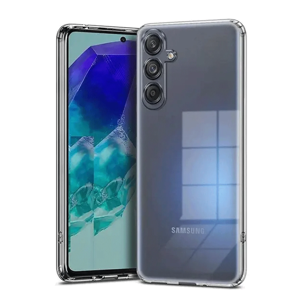 Üç arka kamerası ve mavi arka planı olan Samsung telefonda şeffaf kılıf.