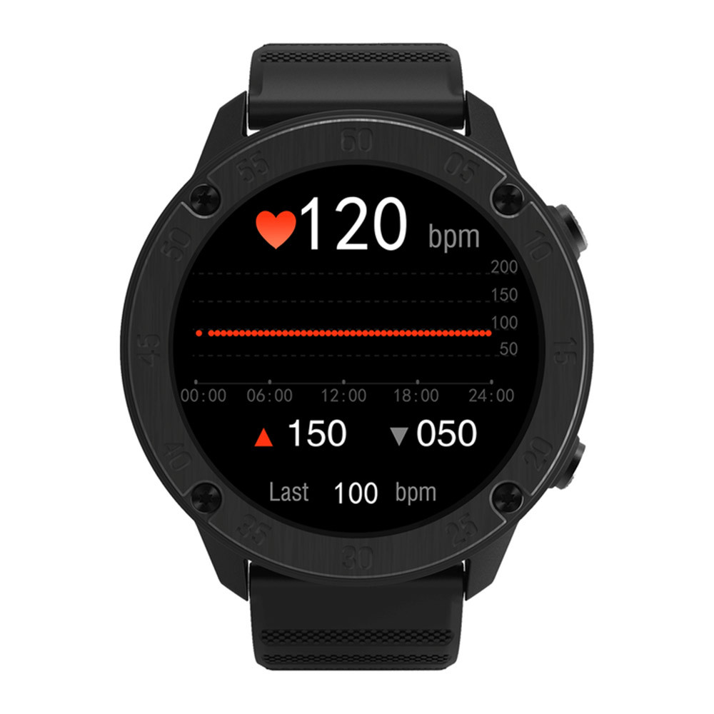 Smartwatch nero mostra battito cardiaco 120 bpm, max 150, min 50.