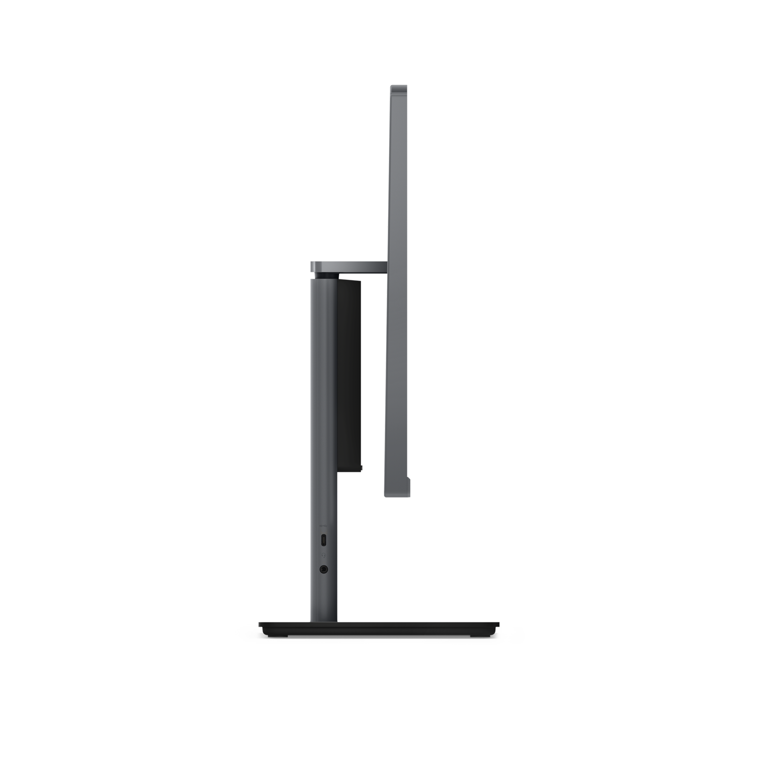 Yan tarafında USB-C ve ses bağlantı noktası bulunan gri monitör standı.