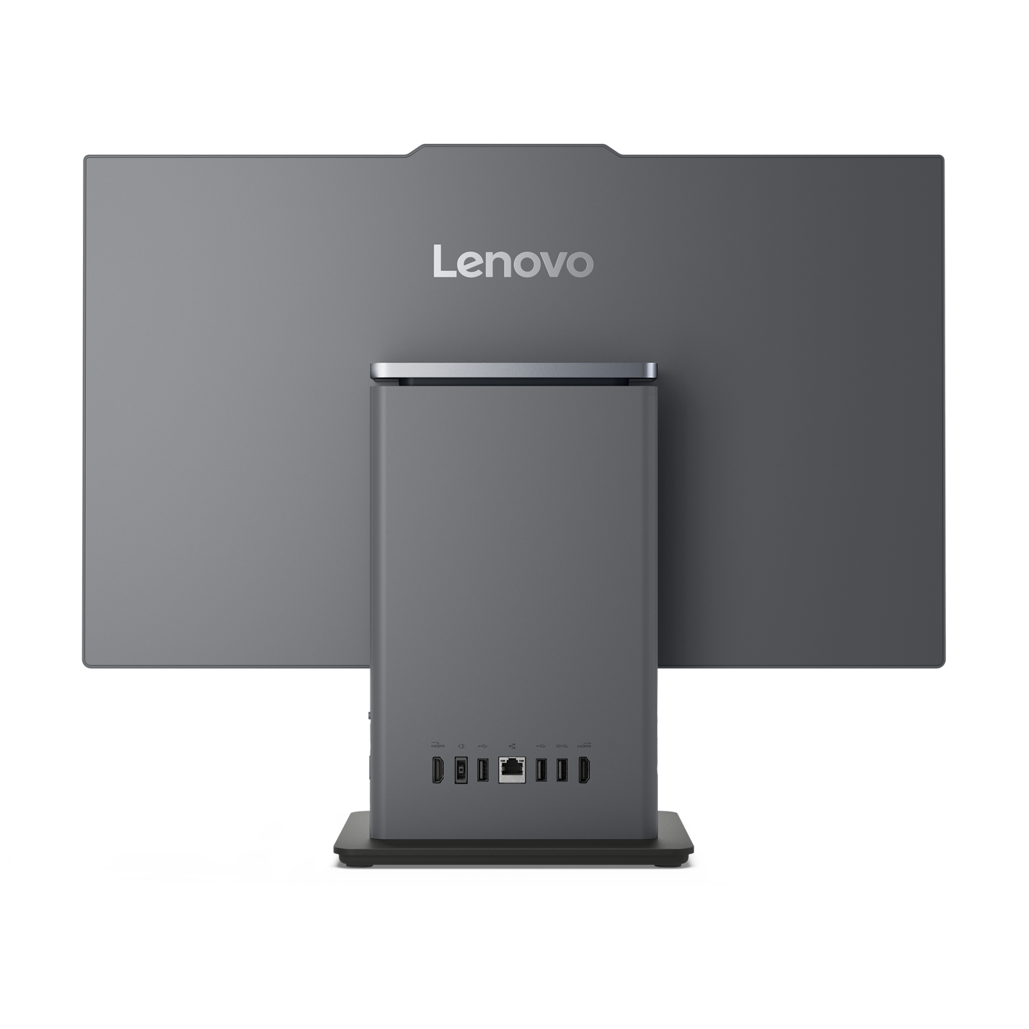 Gri Lenovo Hepsi Bir Arada bilgisayarın bağlantı noktalarına sahip arka görünümü.