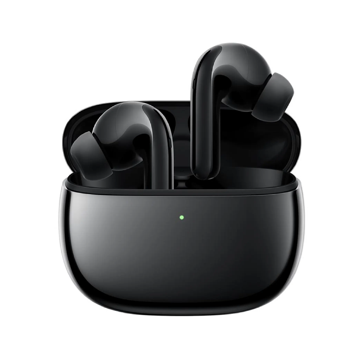 Auricolari wireless neri in una custodia di ricarica con indicatore verde.