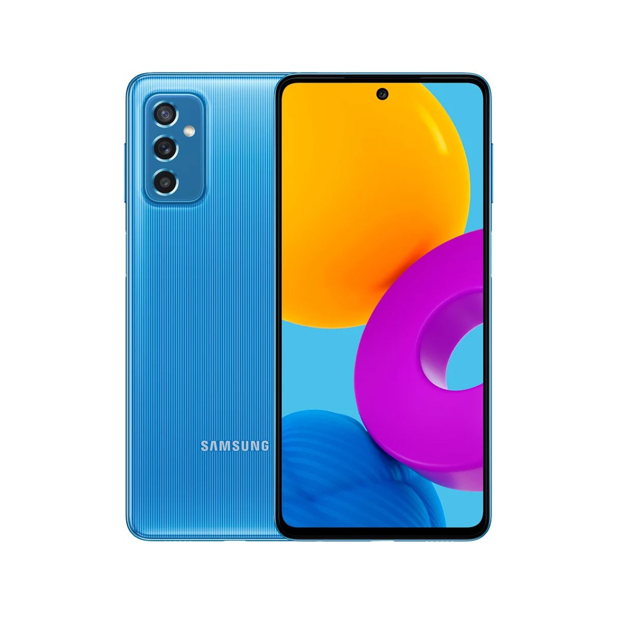Uno smartphone Samsung blu con tre fotocamere posteriori e schermo vivace.