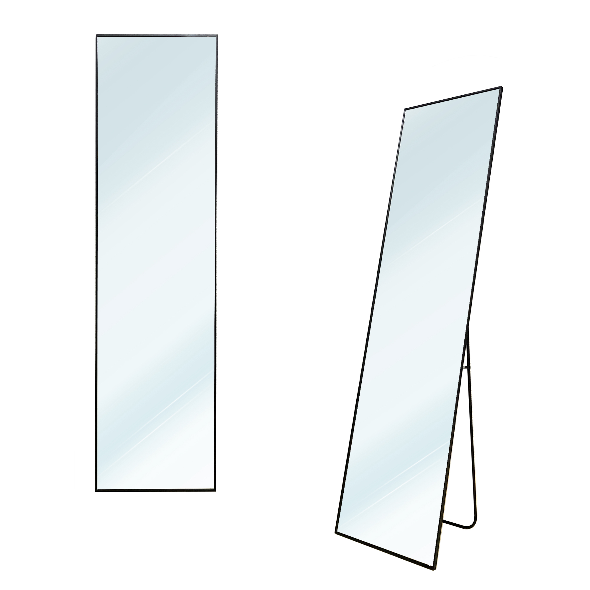Dos espejos rectangulares con marcos negros sobre fondo blanco.