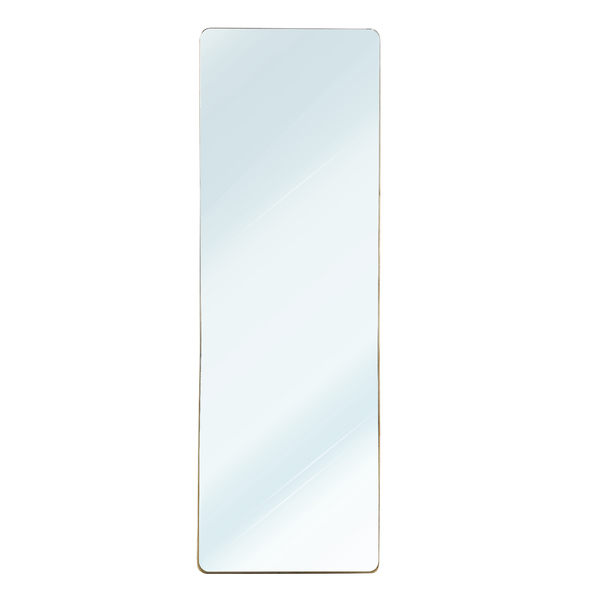 Un espejo rectangular con esquinas redondeadas y un marco dorado fino.