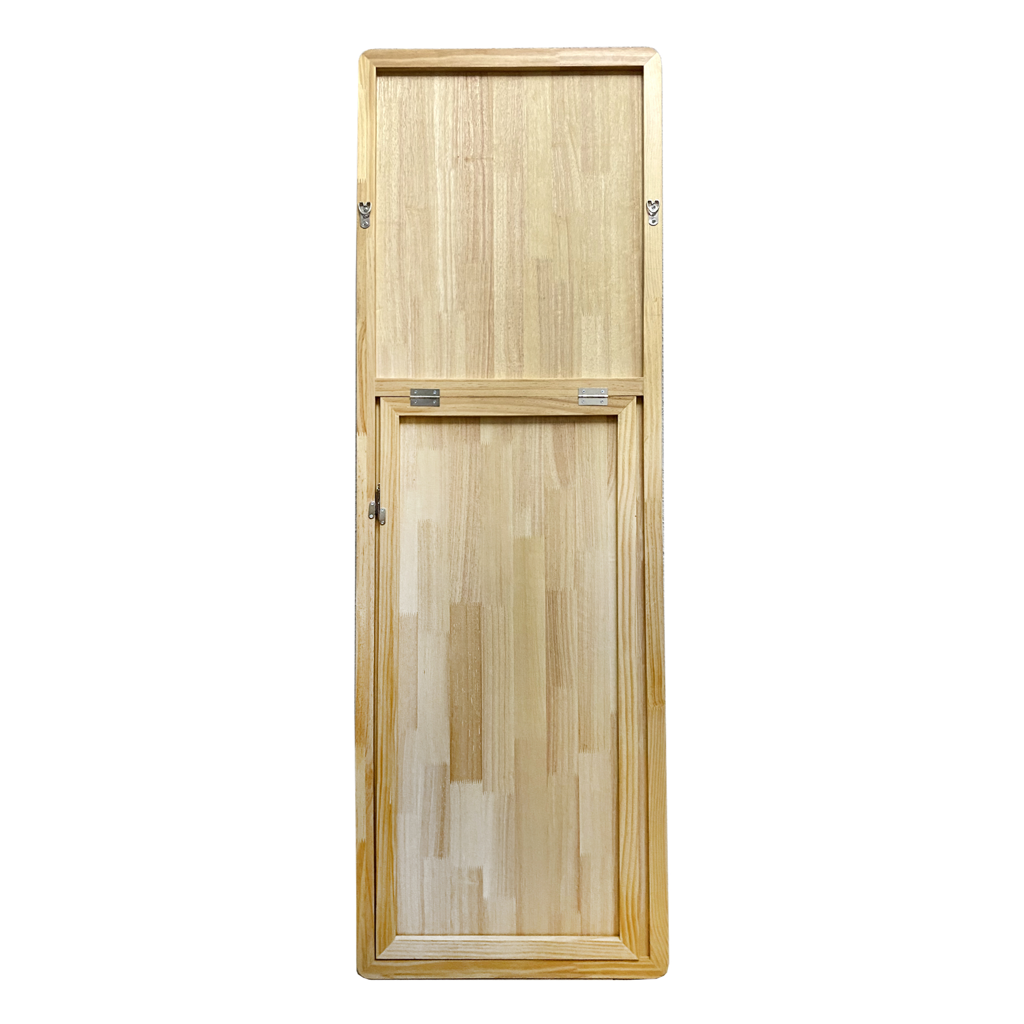 Parte trasera de un marco de madera plegable con dos bisagras y ganchos para colgar.