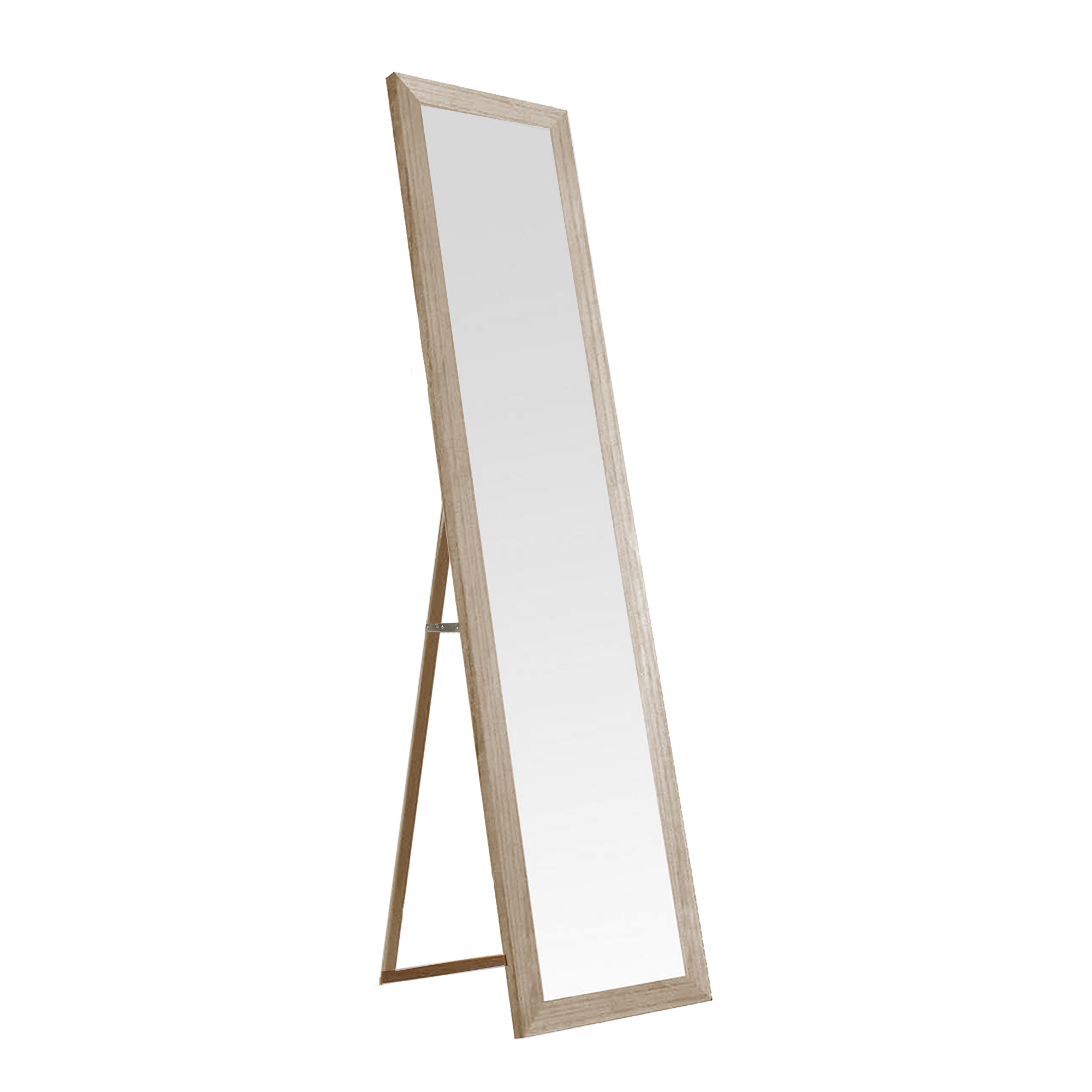 Un espejo rectangular alto con marco y soporte de madera clara.