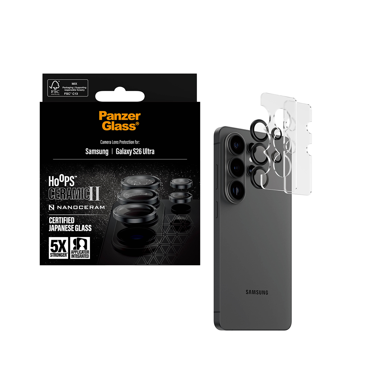 Protezione lenti fotocamera Panzer Glass per Samsung S26 Ultra con applicatore.