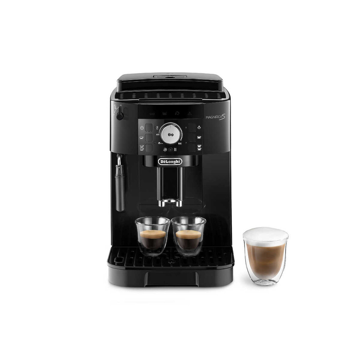 İki kahve fincanı ve bir kapuçino fincanı bulunan siyah DeLonghi espresso makinesi.