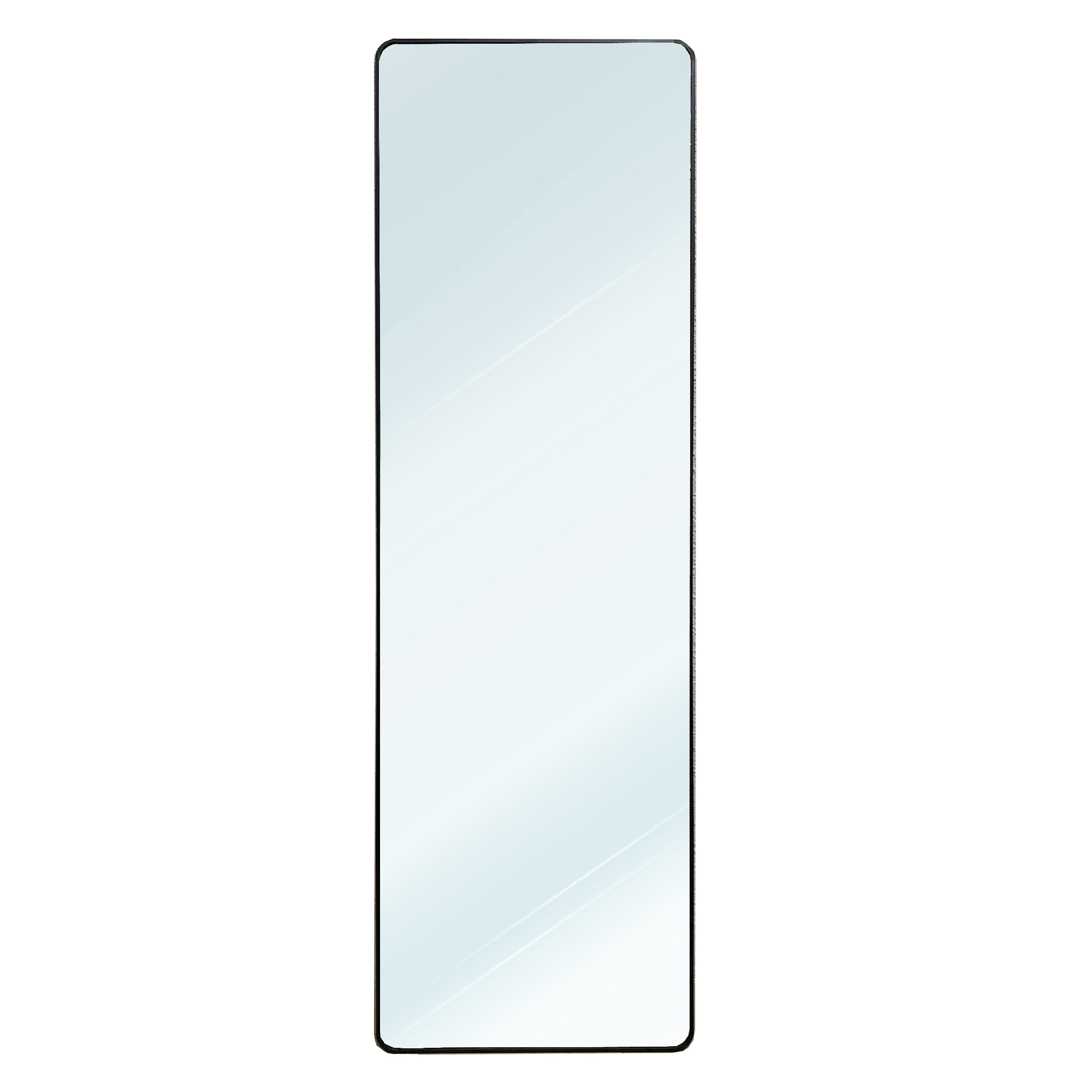 Un espejo alto y rectangular con marco negro sobre fondo blanco.