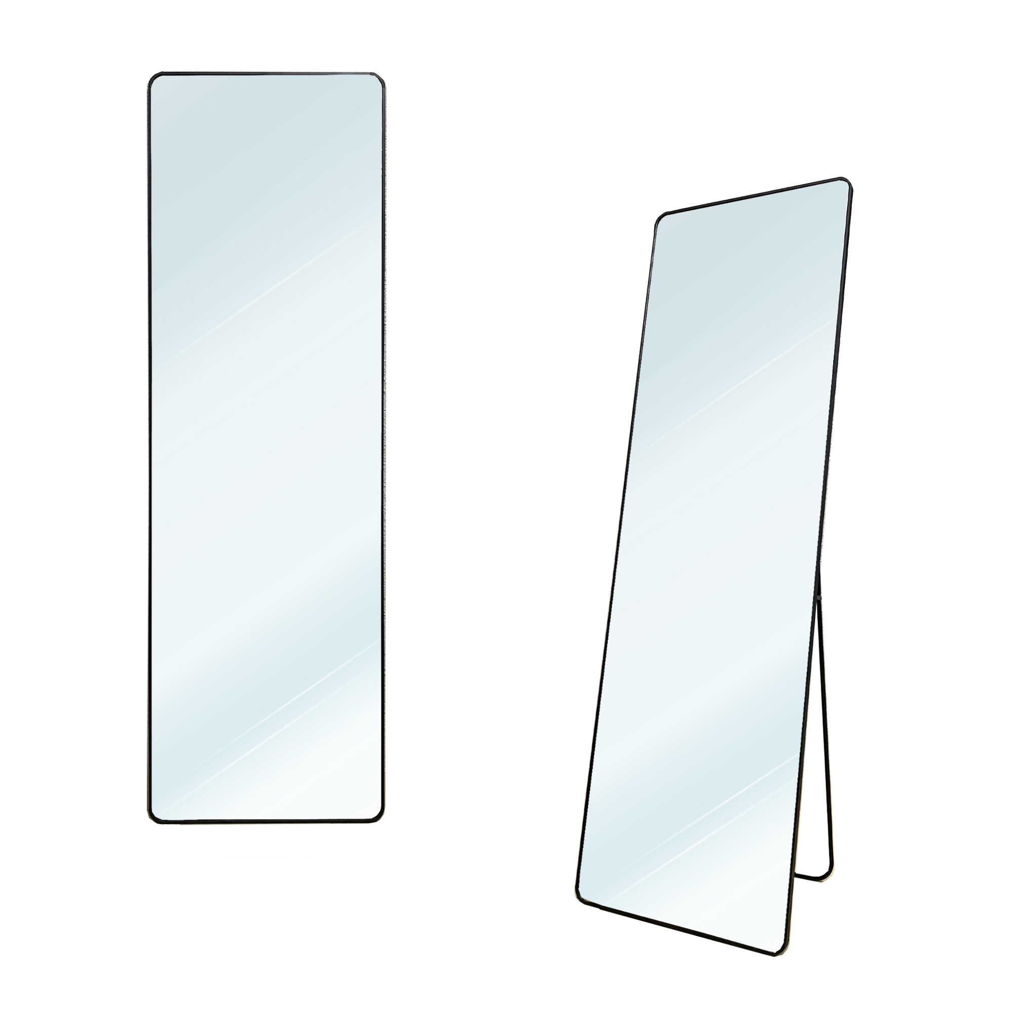 Dos espejos rectangulares con marcos negros sobre fondo blanco.