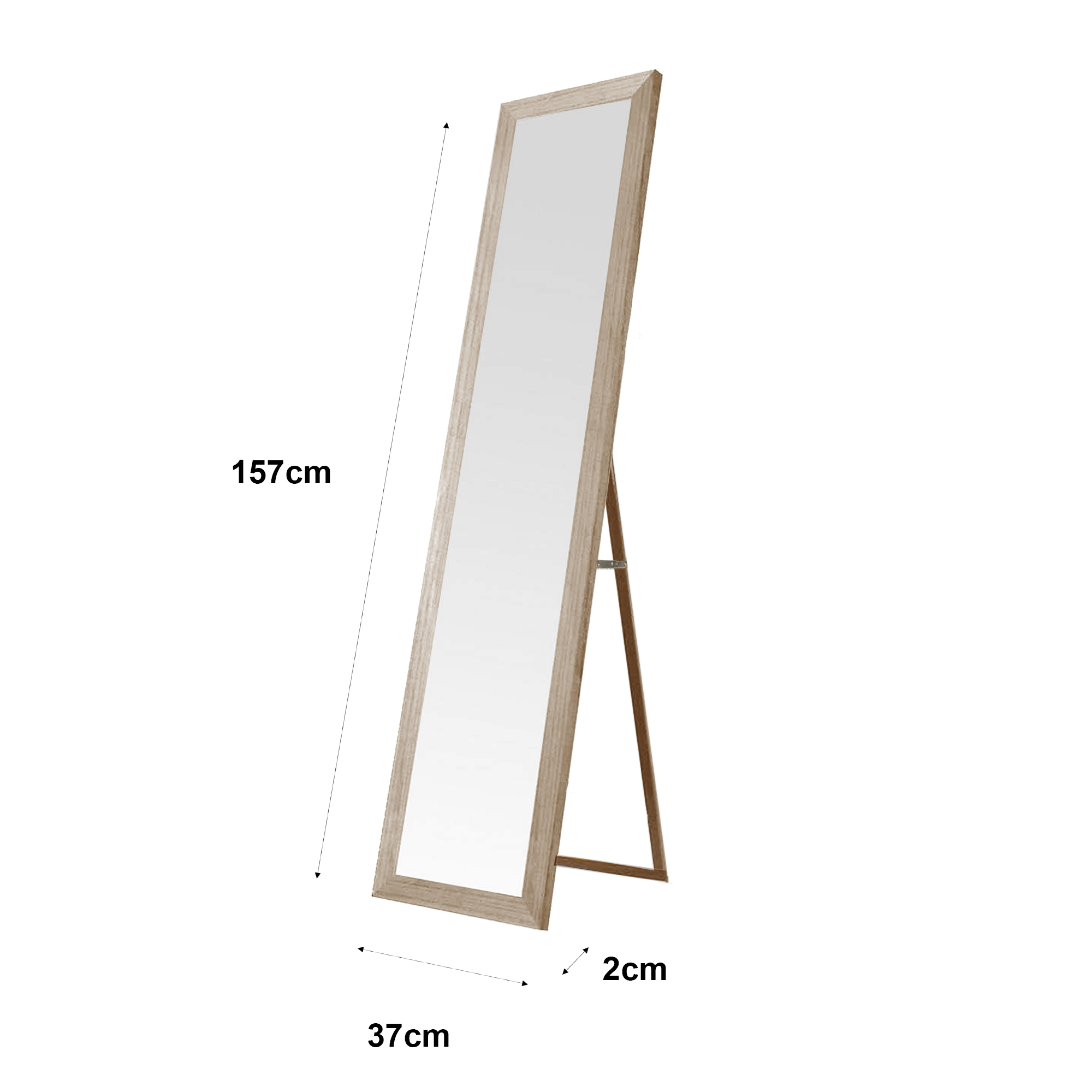 Un espejo alto y estrecho con marco de madera clara sobre un soporte. Dimensiones: 157x37x2cm.