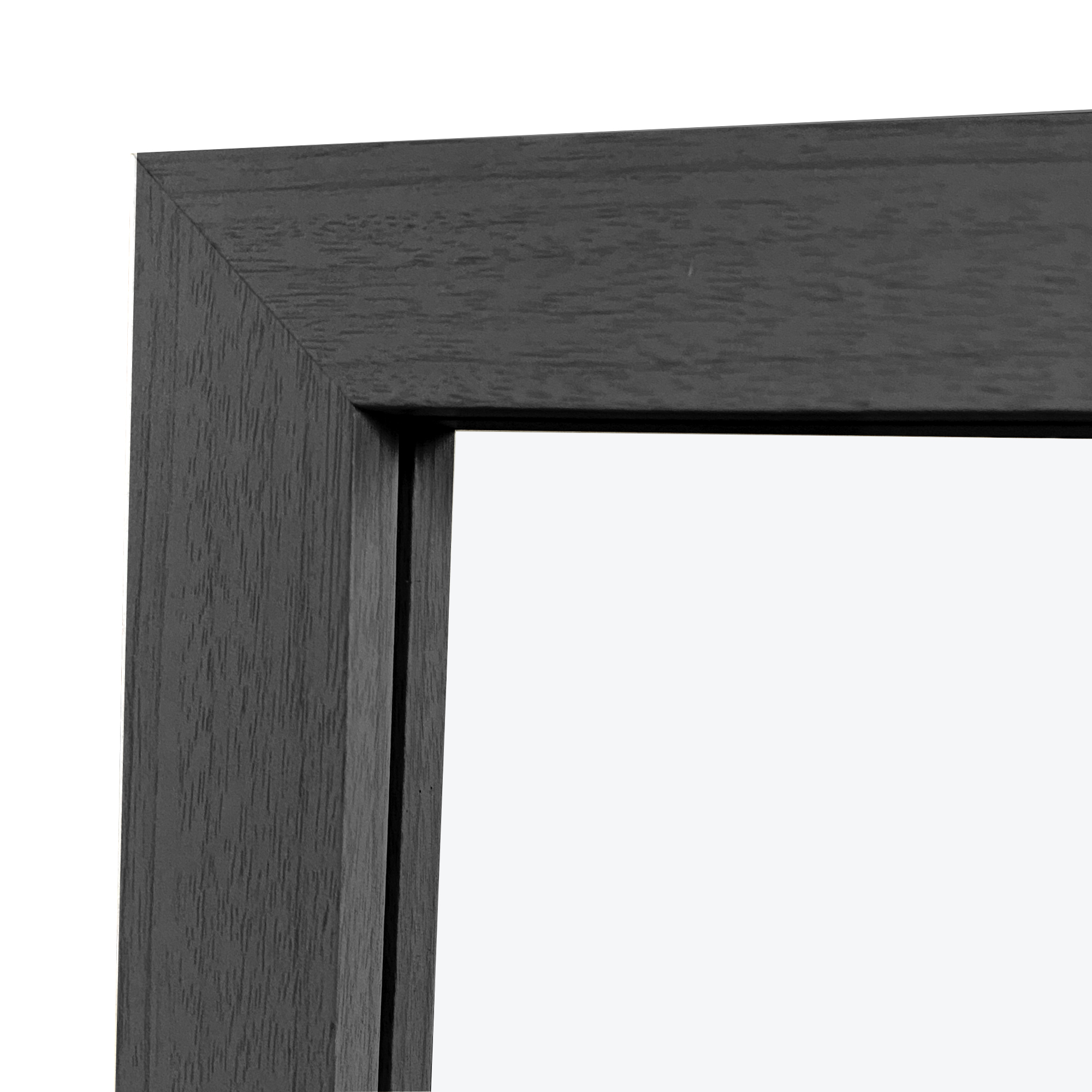 Marco de madera gris oscuro con veta visible y fondo blanco.