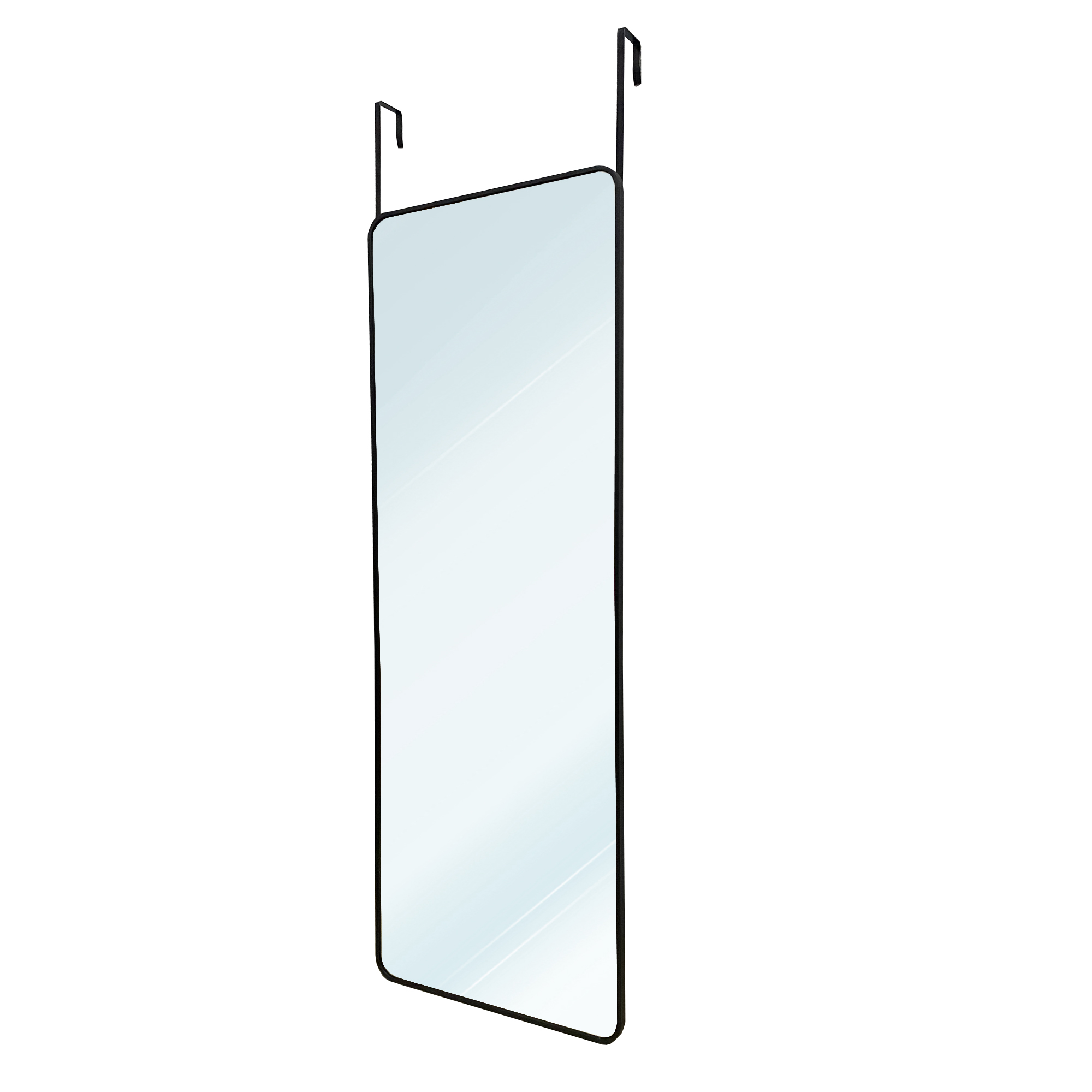 Espejo rectangular de puerta con marco negro y dos ganchos para colgar.