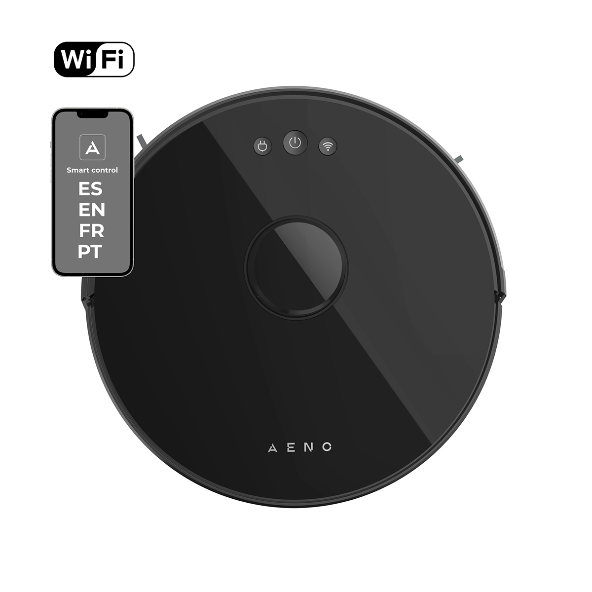 Czarny robot sprzątający z WiFi i sterowaniem przez aplikację.