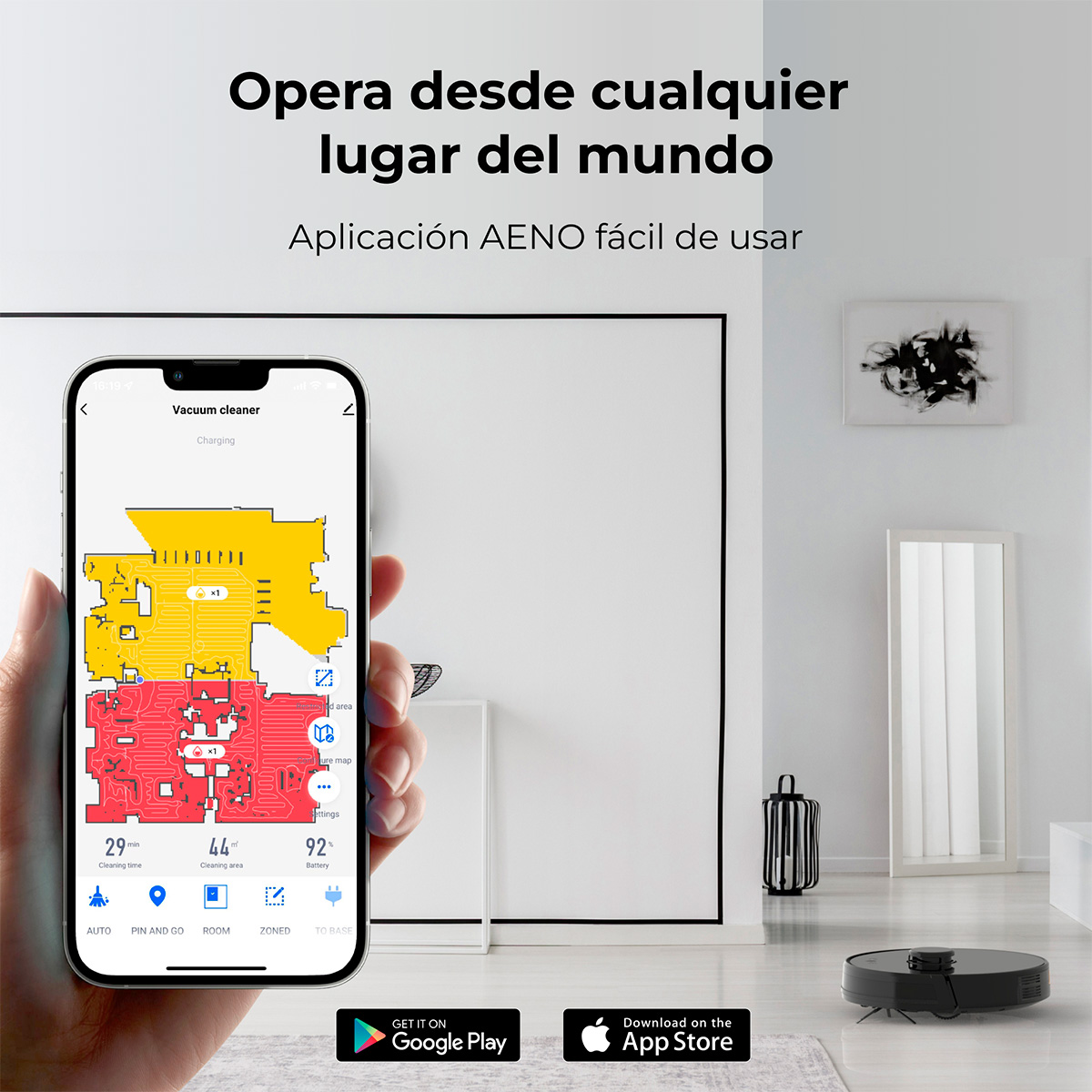 Smartfon wyświetla aplikację czyszczącą z mapą. W tle robot sprzątający.
