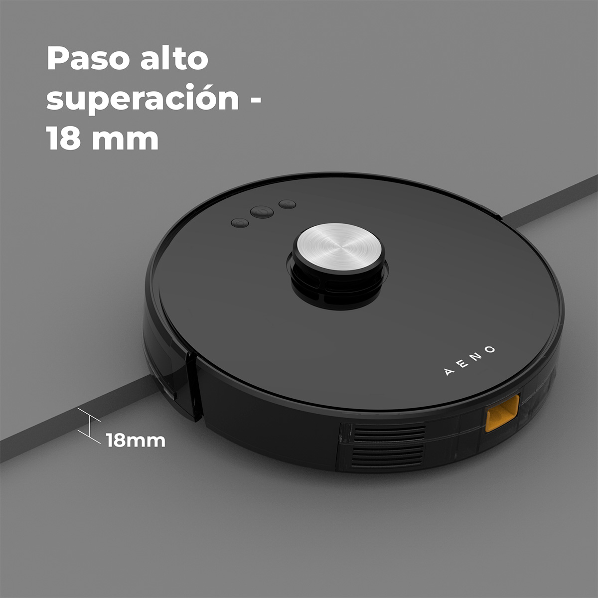 Czarny robot sprzątający pokonuje 18mm krawędź. Tekst: Passo alto superación - 18 mm.