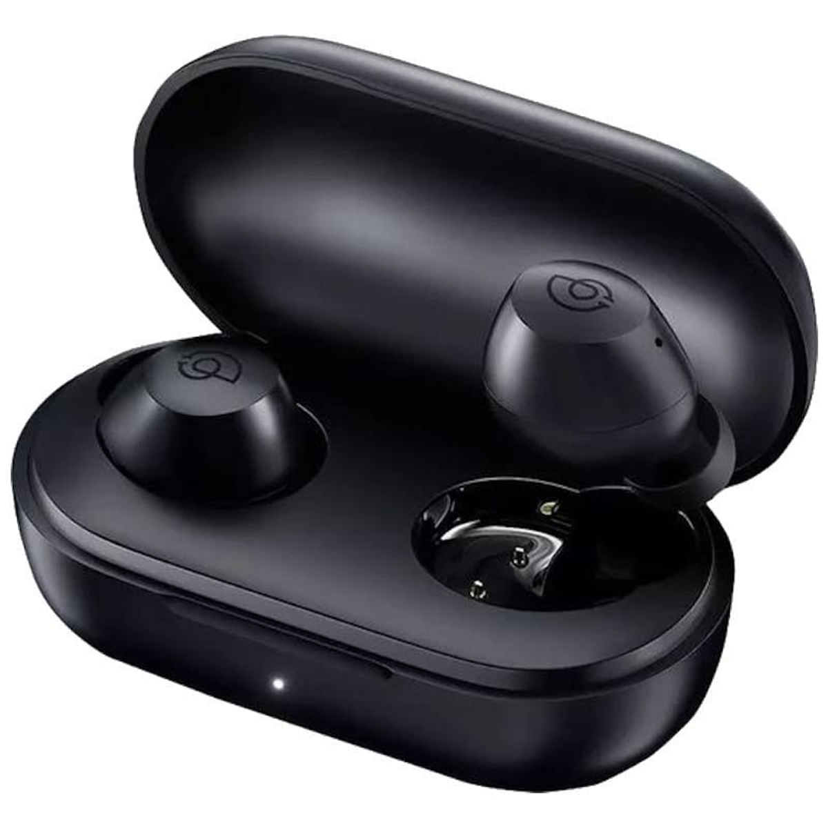 Auricolari wireless neri con custodia di ricarica aperta e logo.
