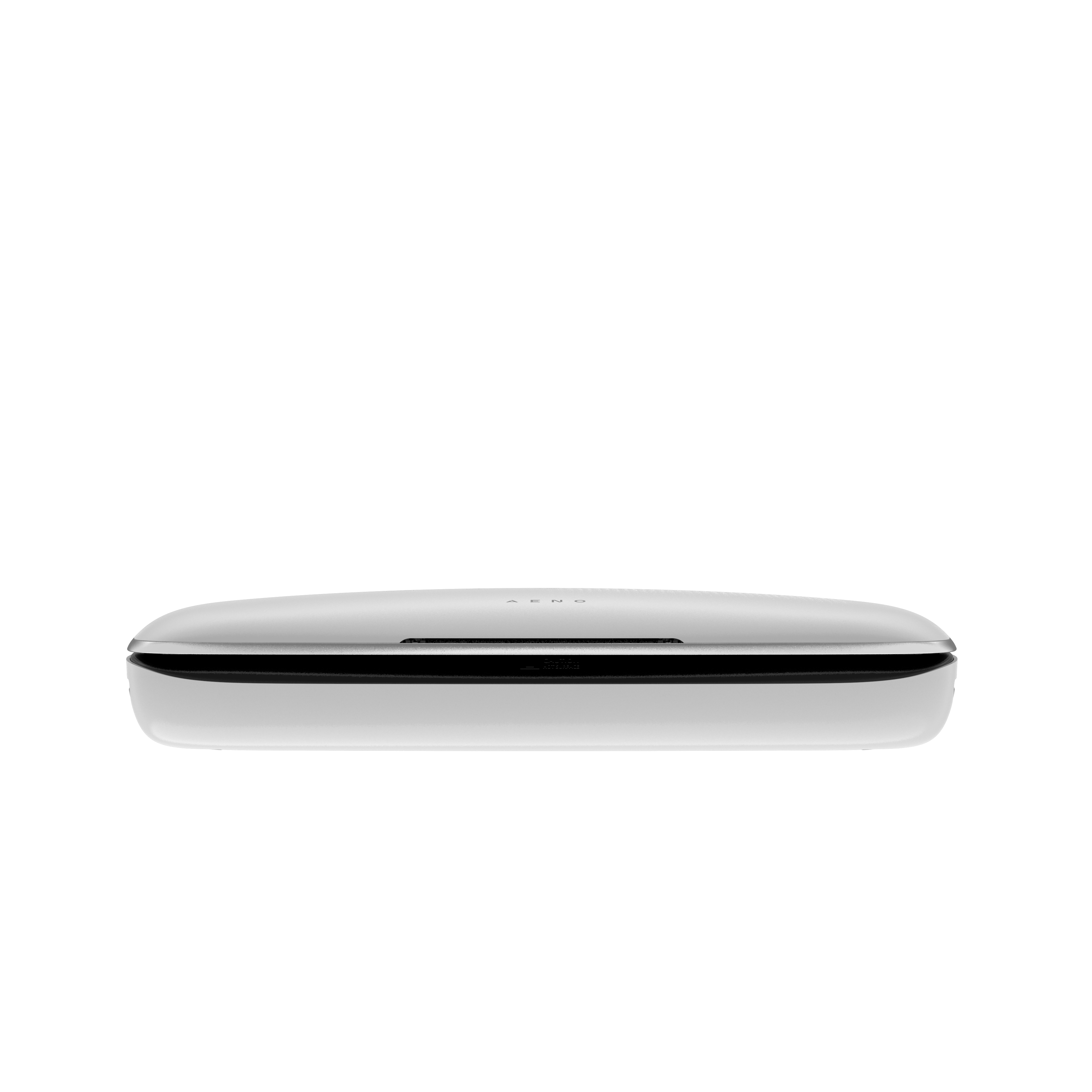 Białe, płaskie urządzenie elektroniczne z otworem i logo AENO.