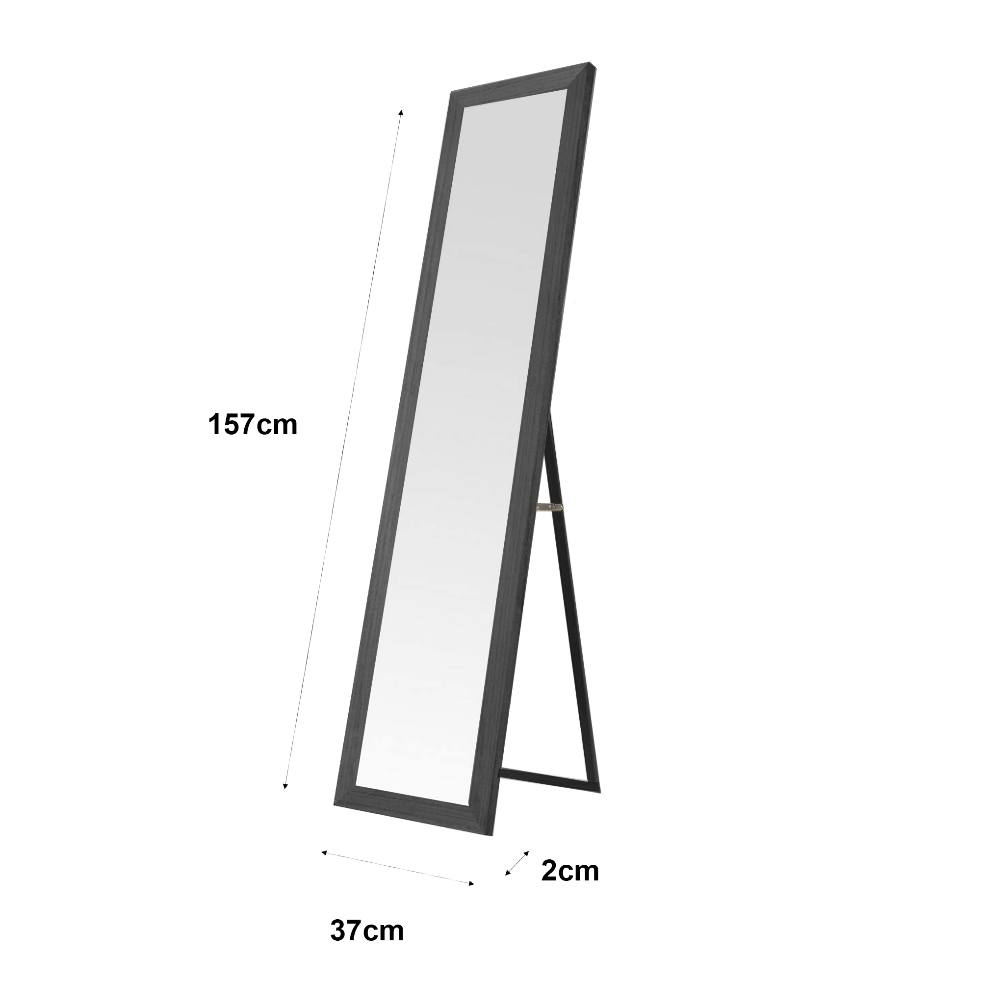 Un espejo rectangular alto con marco oscuro y soporte. Dimensiones: 157cm Al, 37cm An, 2cm Pr.