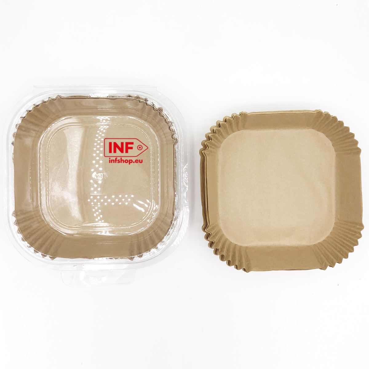Brown square paper liners in a plastic container and stacked.