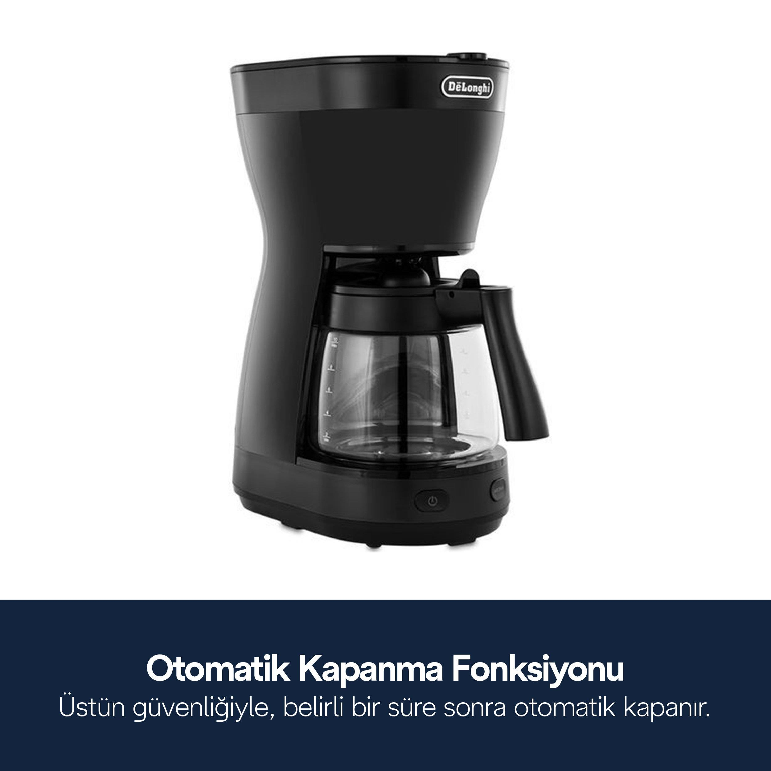Siyah DeLonghi kahve makinesi, cam sürahi ve kontrol panelli.