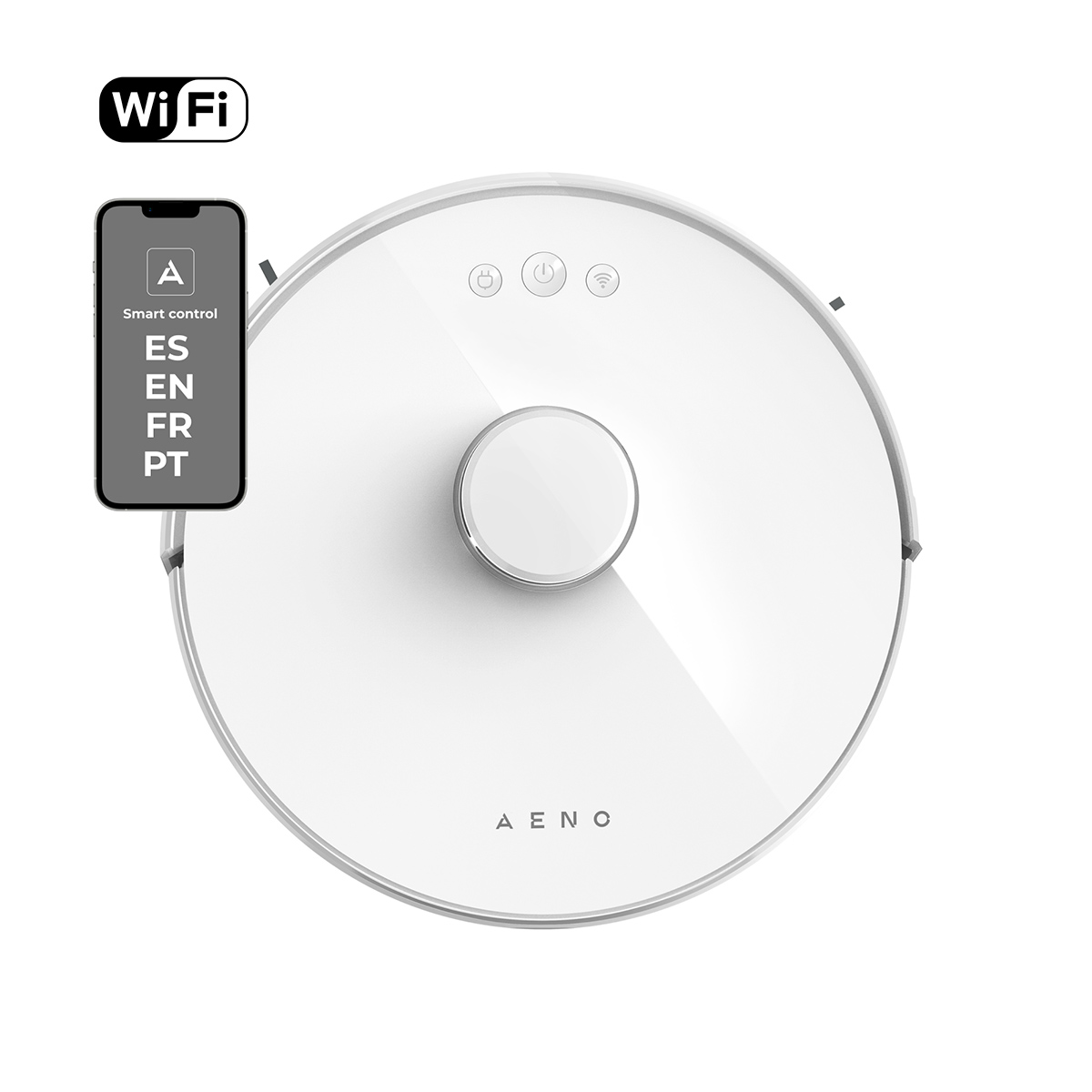 Biały robot sprzątający z Wi-Fi i sterowaniem przez aplikację. Przyciski na górze.