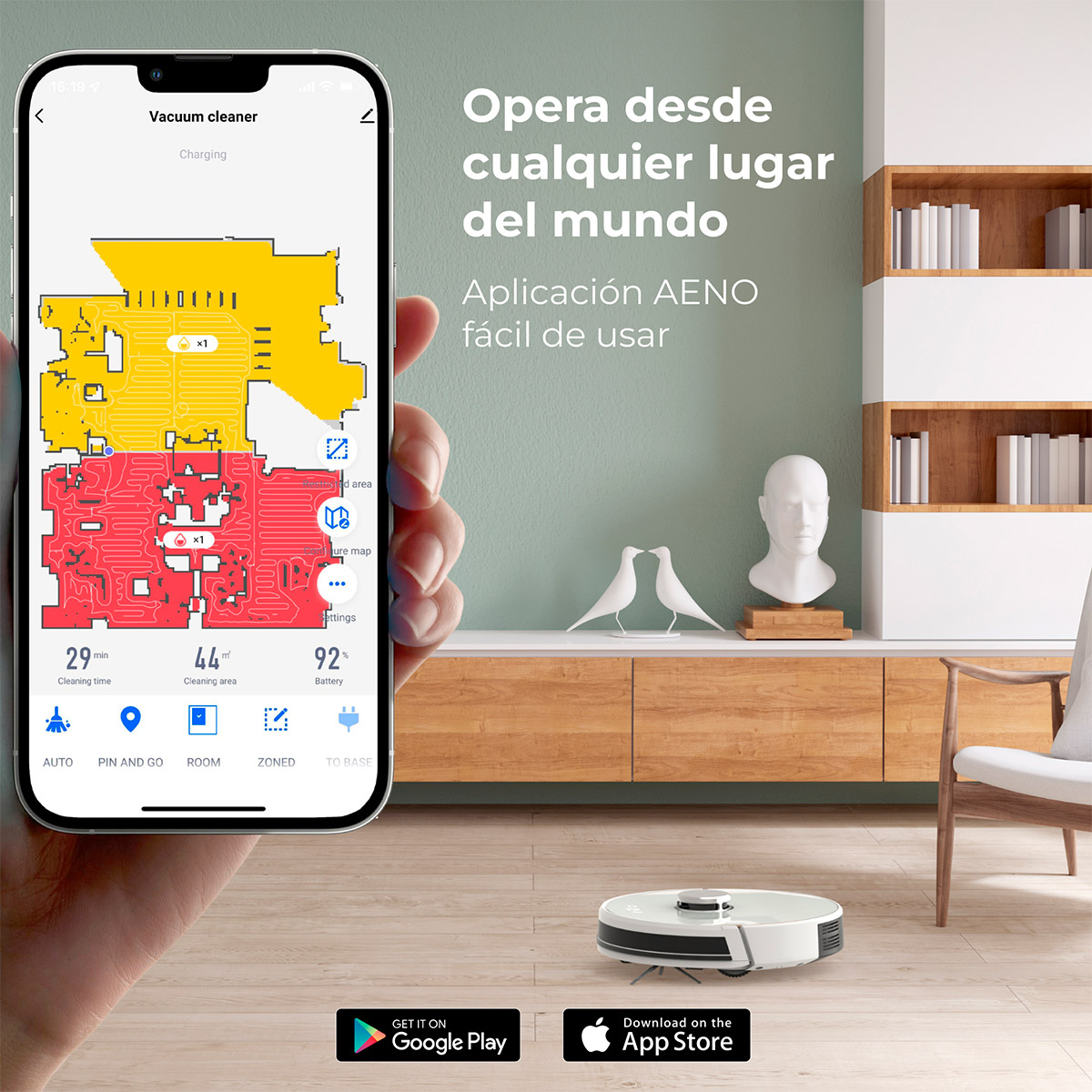 Smartfon wyświetla aplikację do sprzątania z mapą. Robot sprzątający na podłodze.