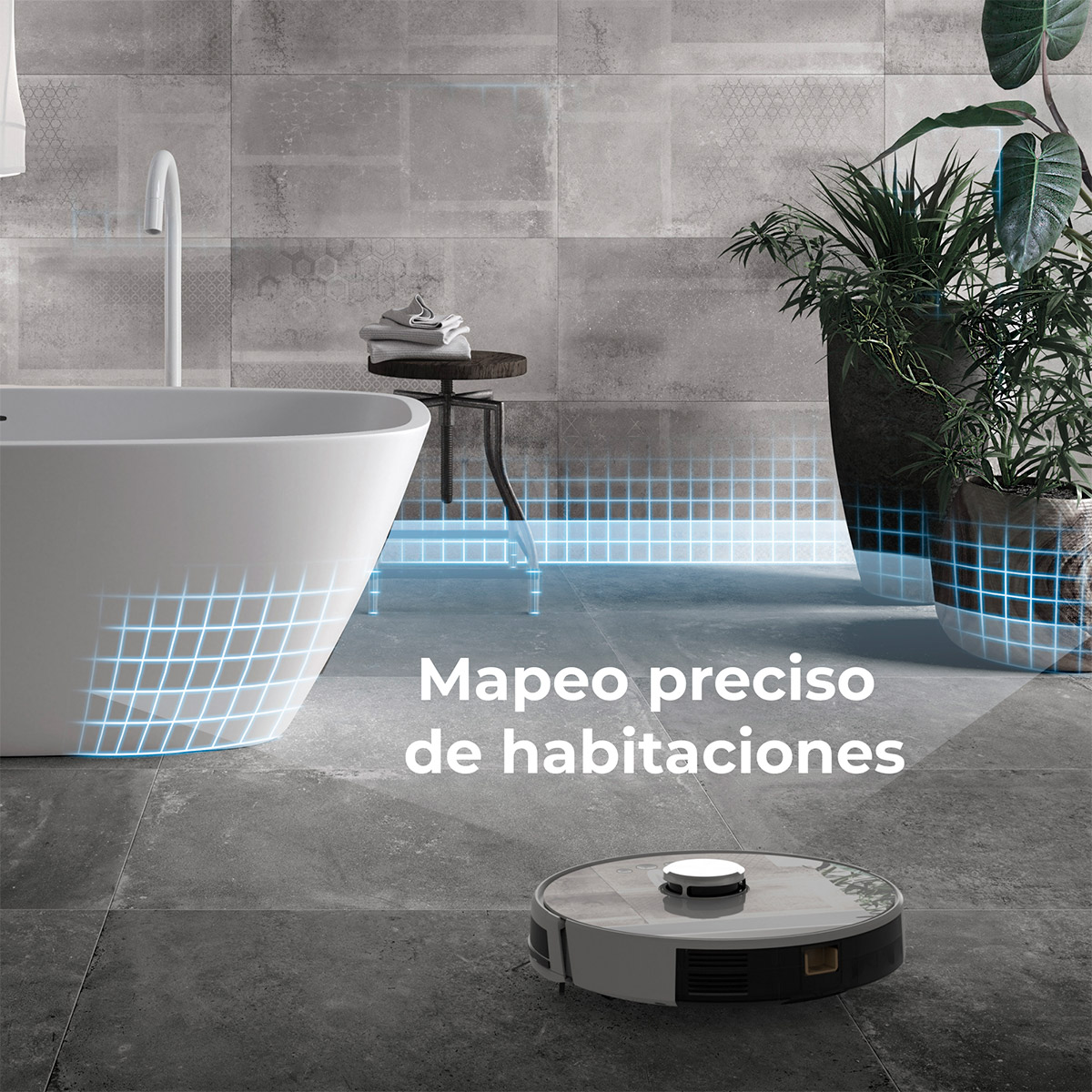 Robot odkurzający czyści łazienkę z wanną i roślinami. Niebieskie siatki pokazują mapowanie.