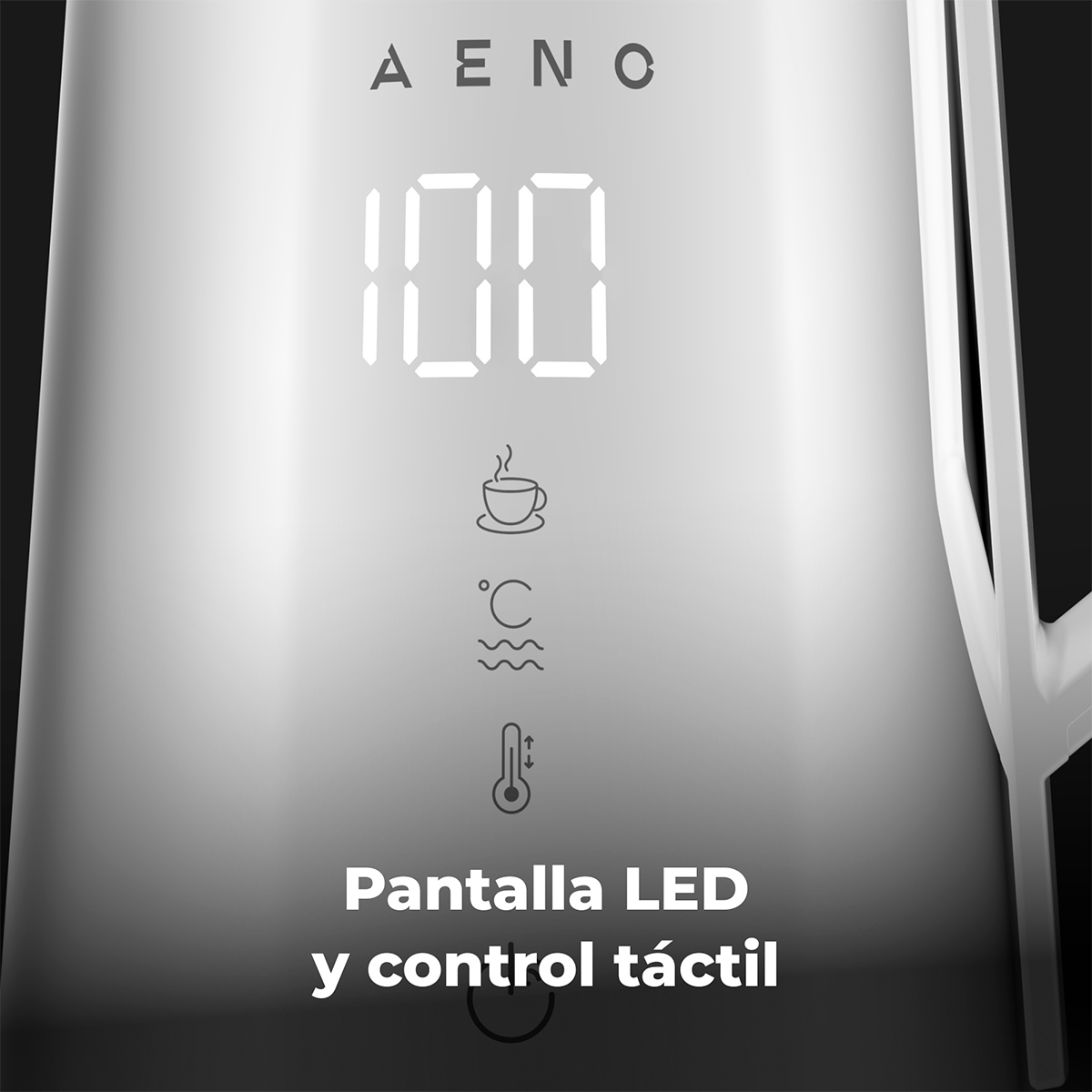 Srebrne urządzenie z wyświetlaczem LED '100', ikonami i tekstem.