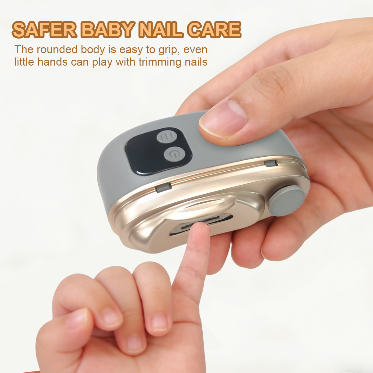 Palec dziecka dotyka elektrycznego obcinacza do paznokci dla niemowląt.