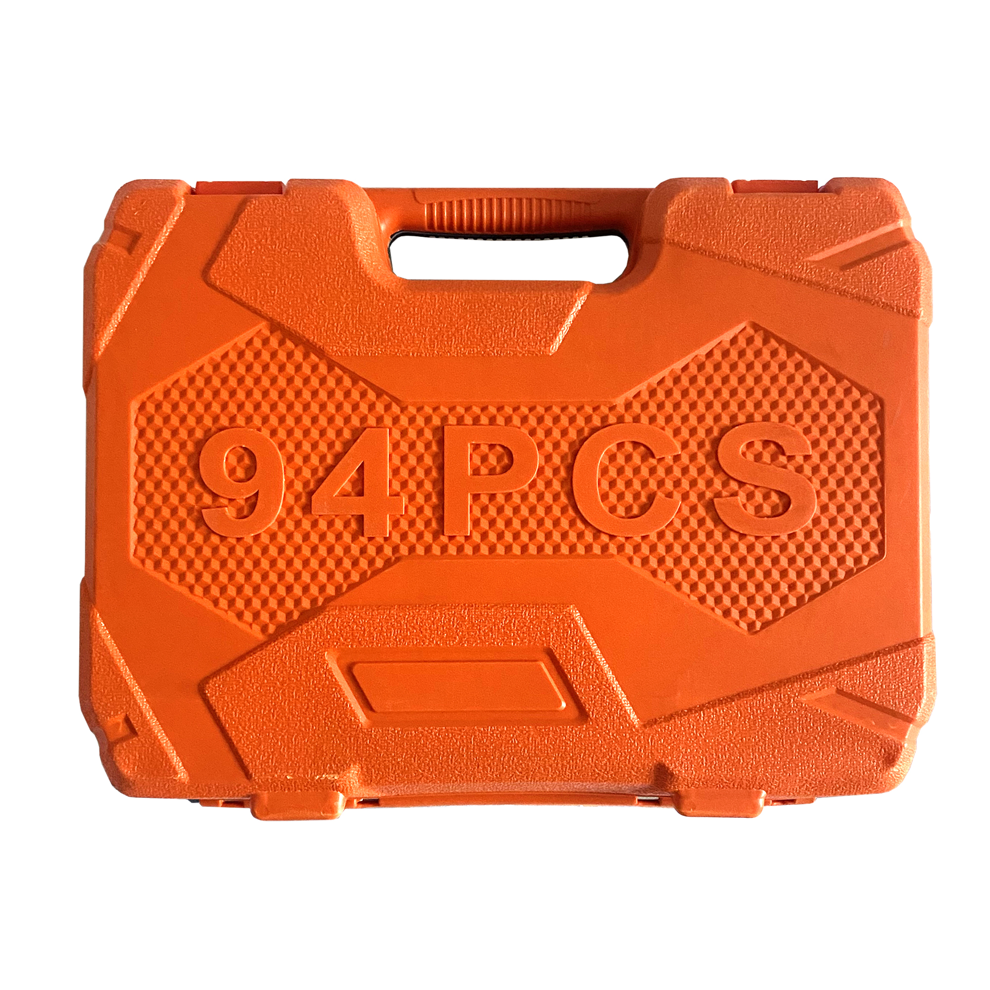 Caja de herramientas naranja con "94 PCS" en relieve y asa.