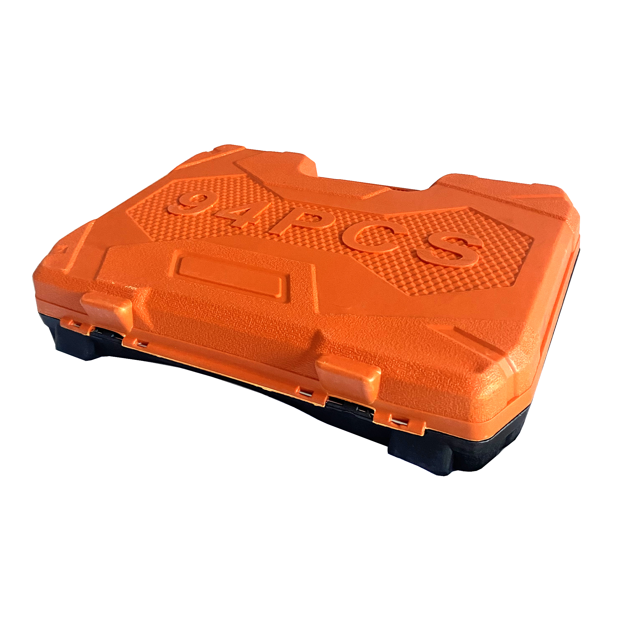 Estuche de herramientas naranja con base negra, etiquetado "94PCS".