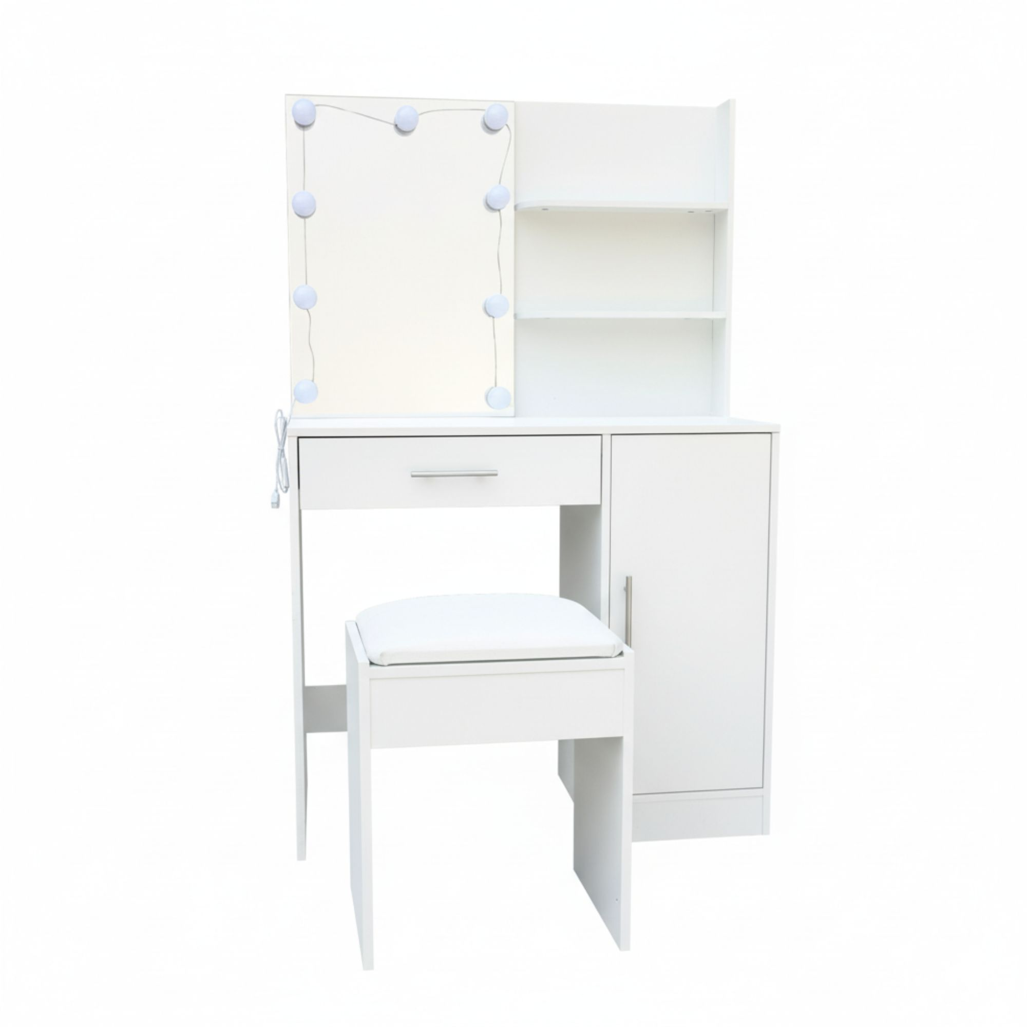 Tocador blanco con espejo, luces, cajón, armario y taburete.