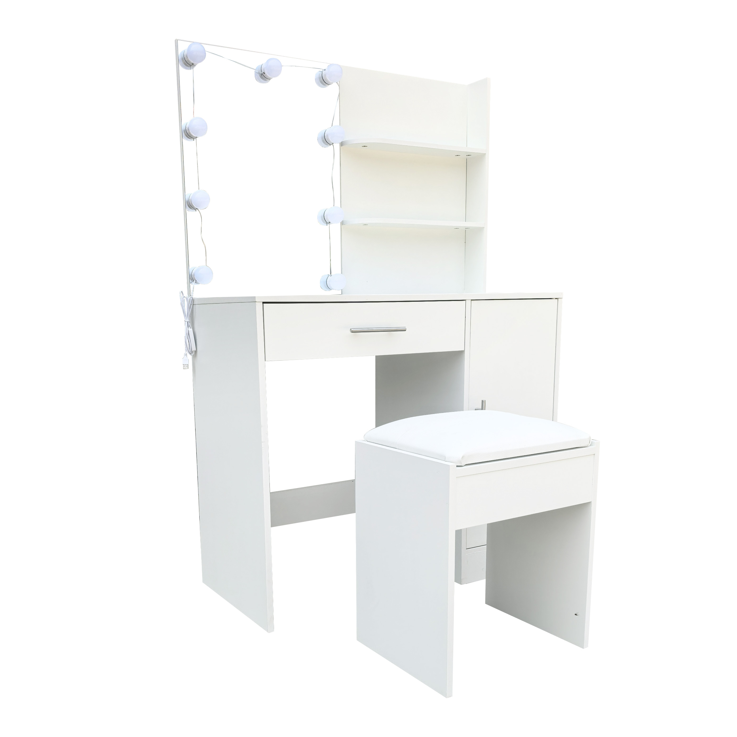 Un tocador blanco con espejo, luces y un taburete.