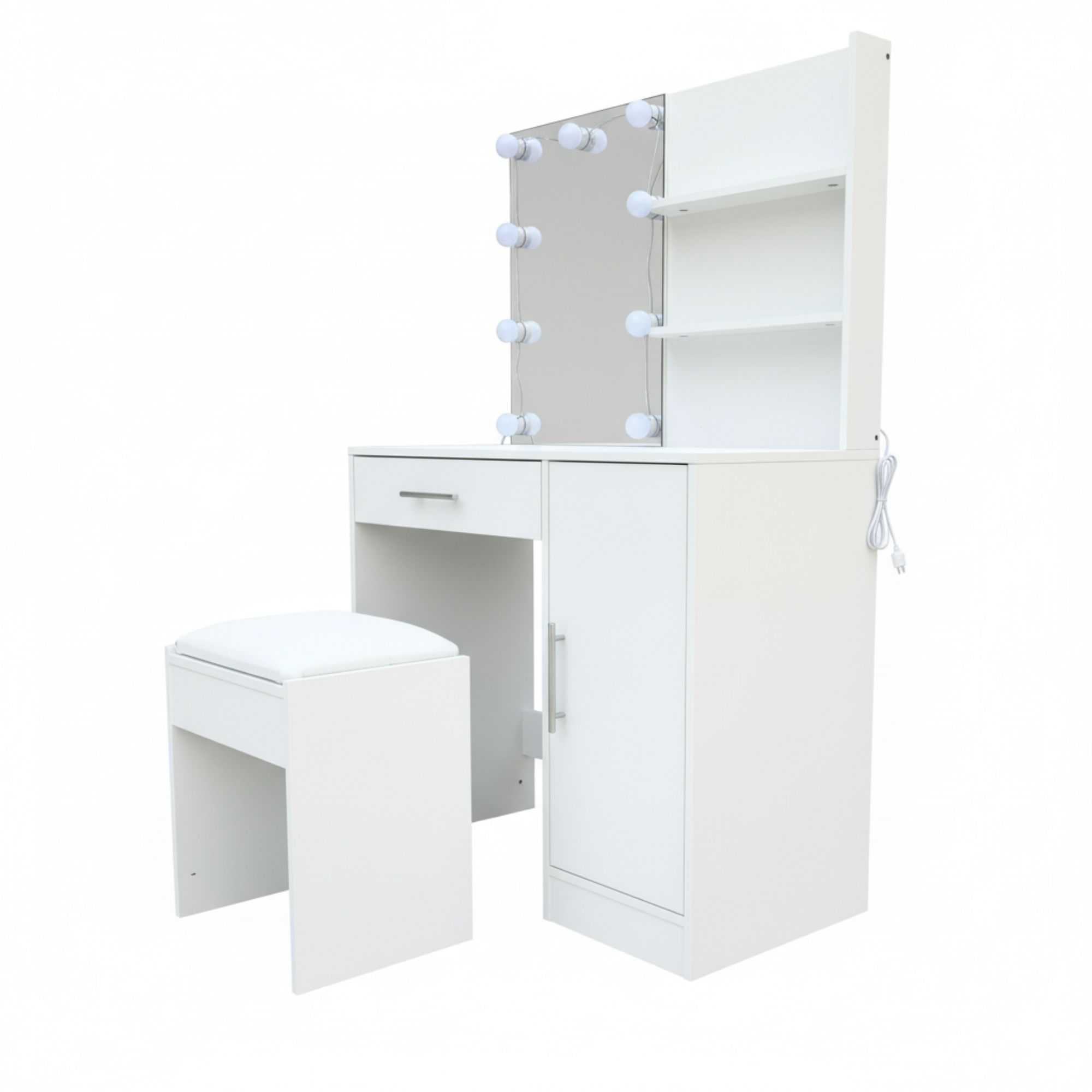 Tocador blanco con espejo, luces, cajón, armario y taburete.
