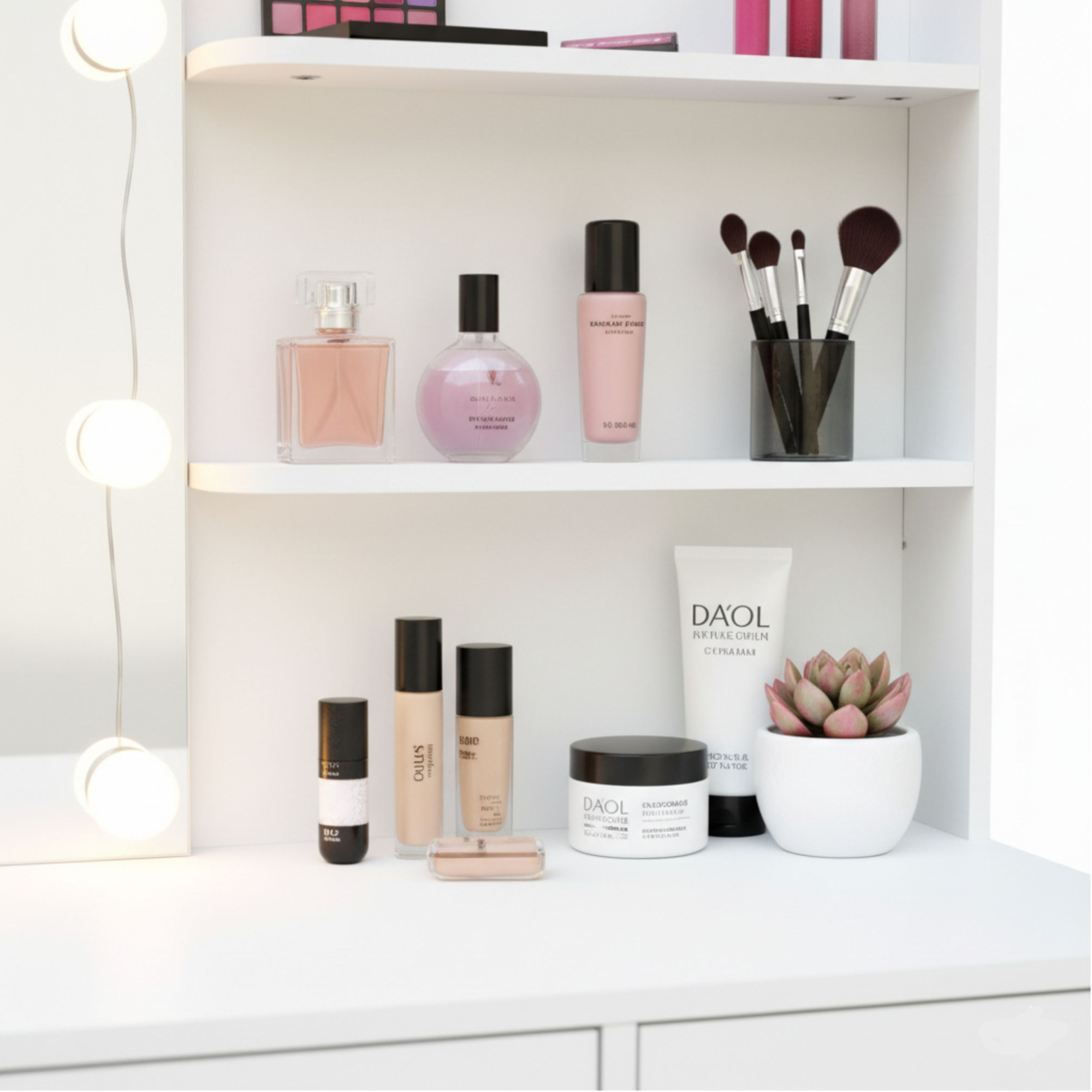 Un estante de maquillaje con botellas de perfume, brochas, cremas y una suculenta.