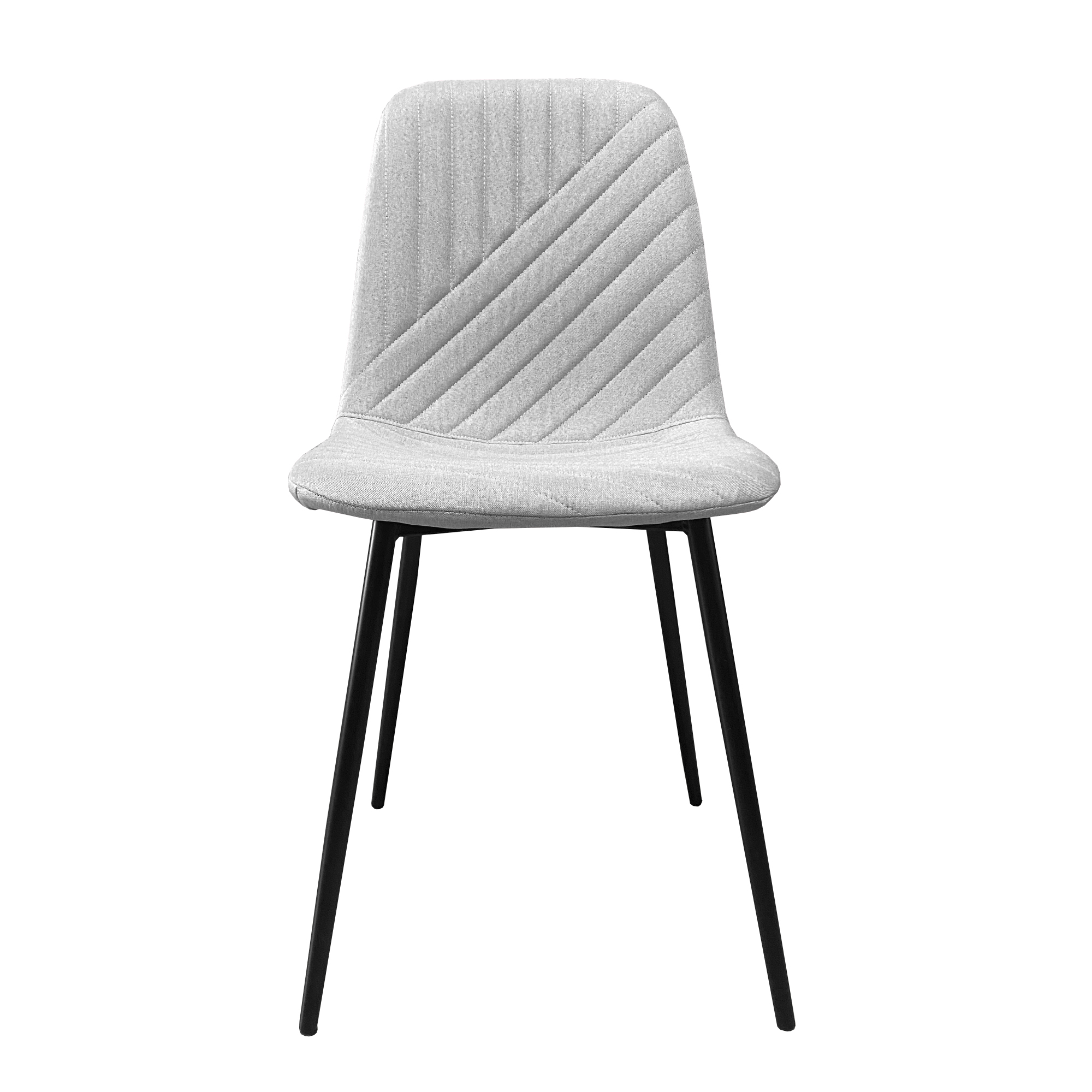 Una silla tapizada gris claro con respaldo acolchado y patas negras.