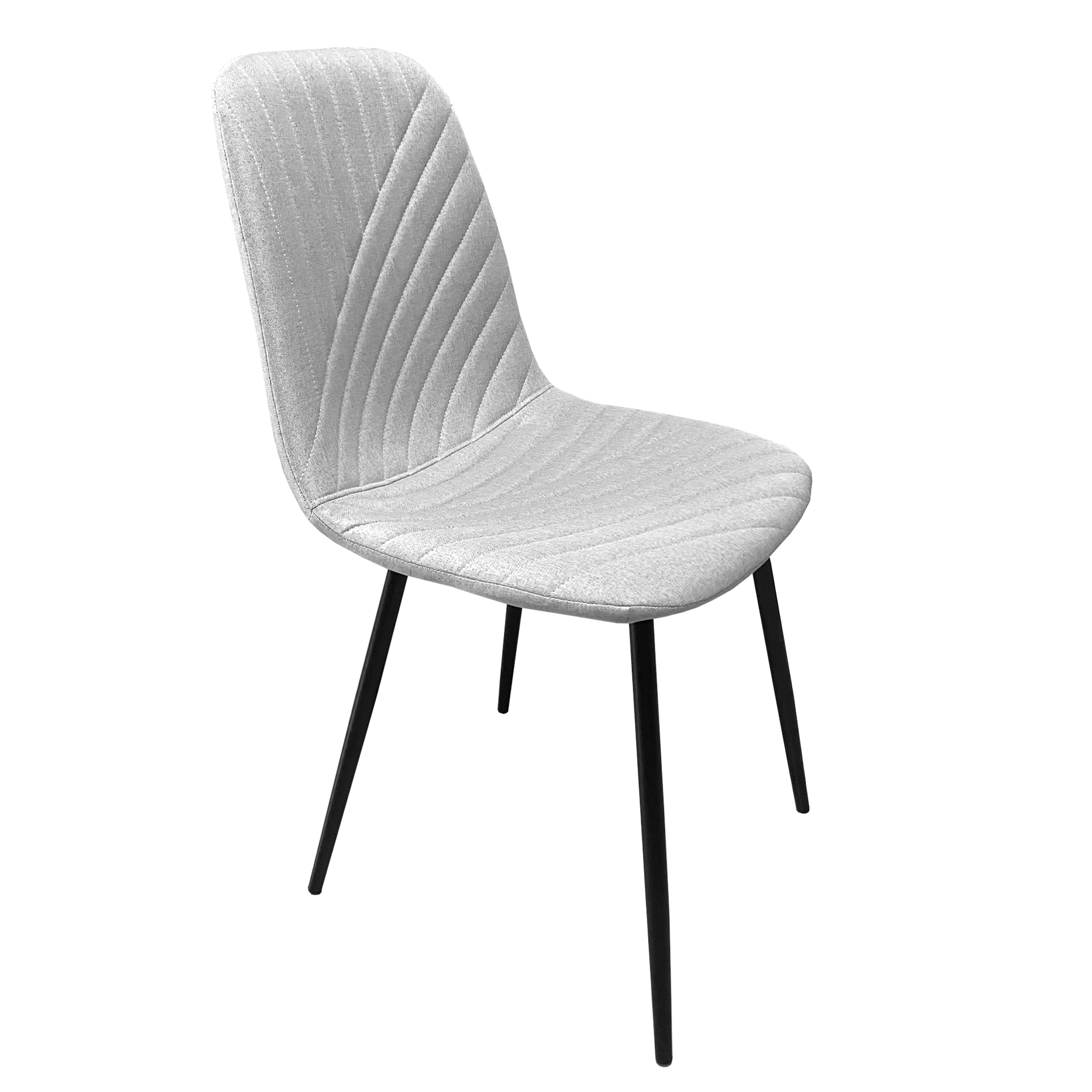 Una silla gris moderna con asiento acolchado y patas negras.