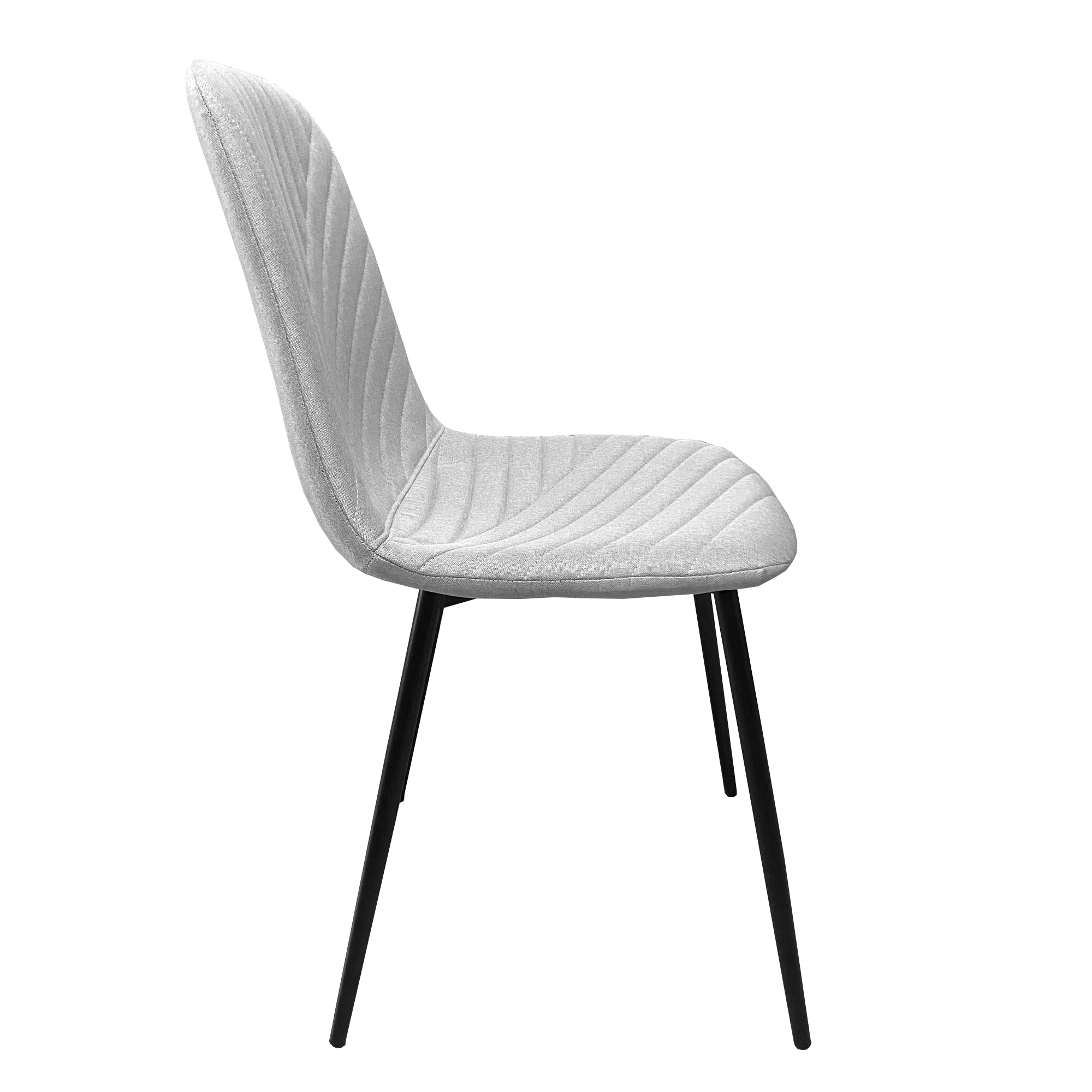 Una silla de tela gris con patas negras, vista de lado.