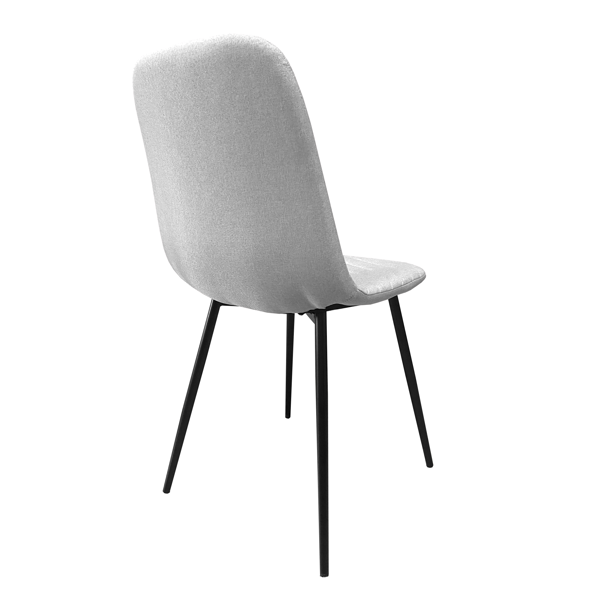Una silla de tela gris claro con patas negras delgadas.