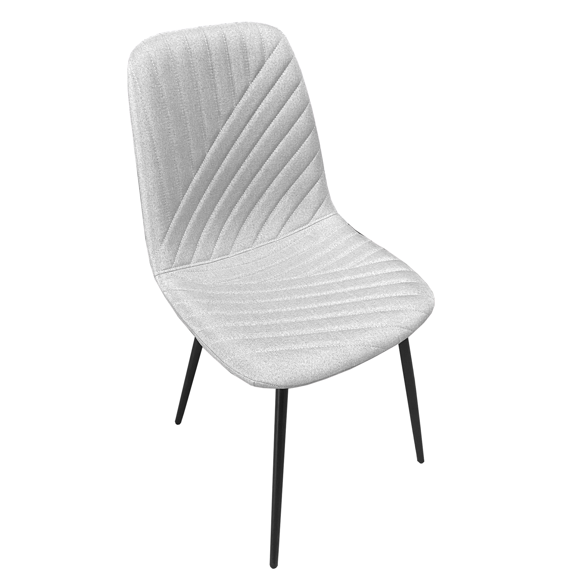 Una silla tapizada gris con patas negras y respaldo acanalado.
