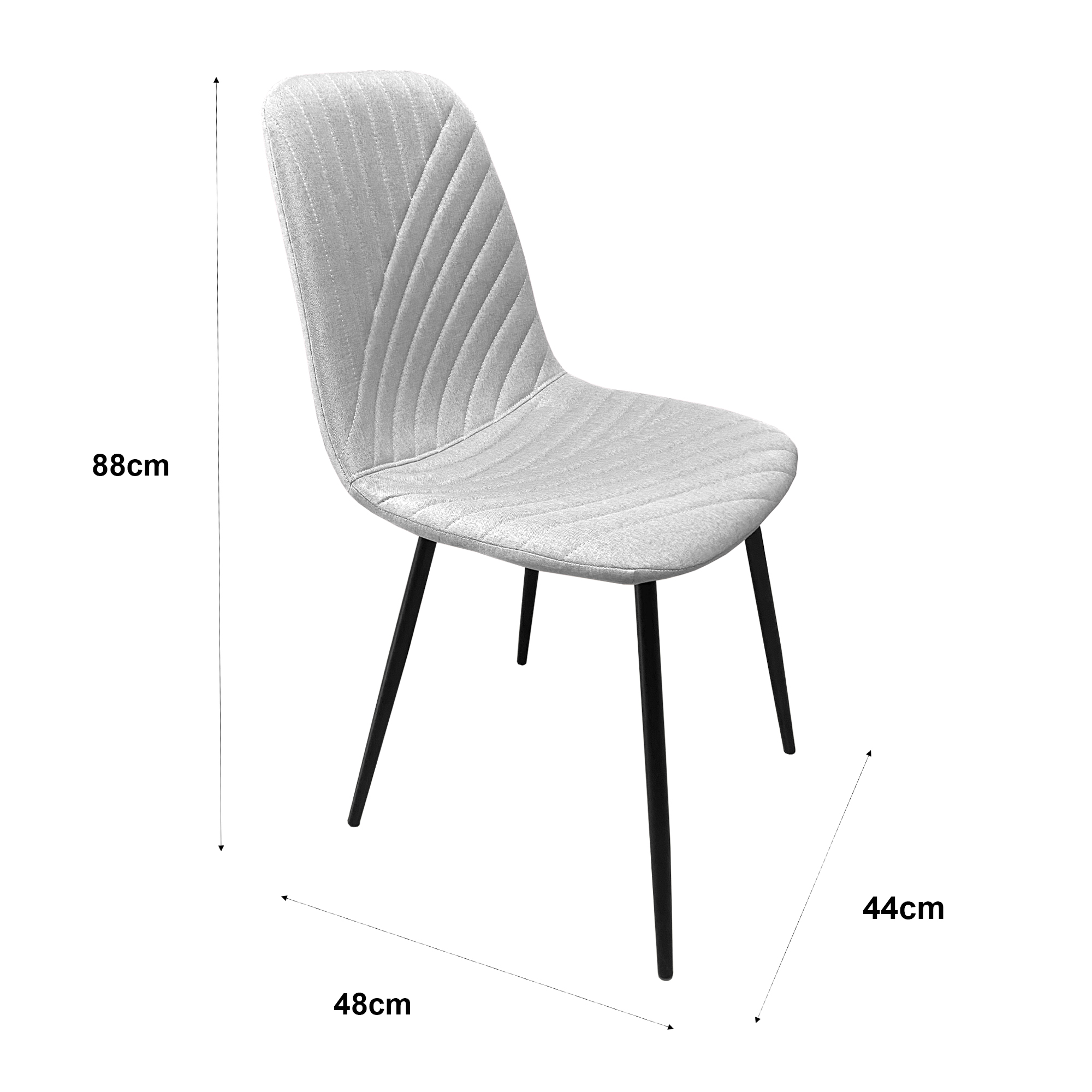 Una silla gris con respaldo acanalado y patas negras, 88cm de alto.